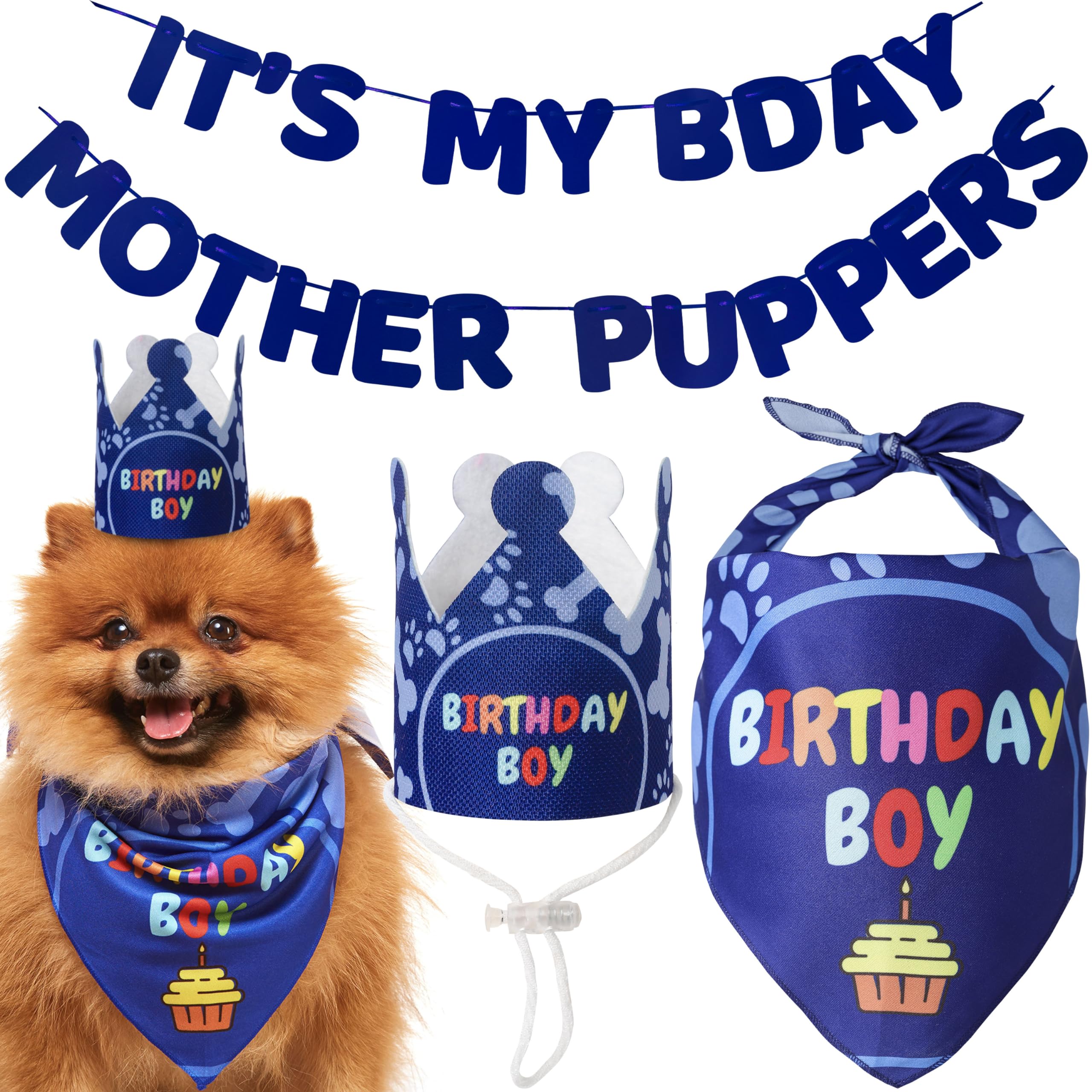 Odi Style Dog Birthday Party Decorations - Bday Bandana Set - Birthday Boy Bandana For Small Dogs, Puppy, Party Hat, Crown And C