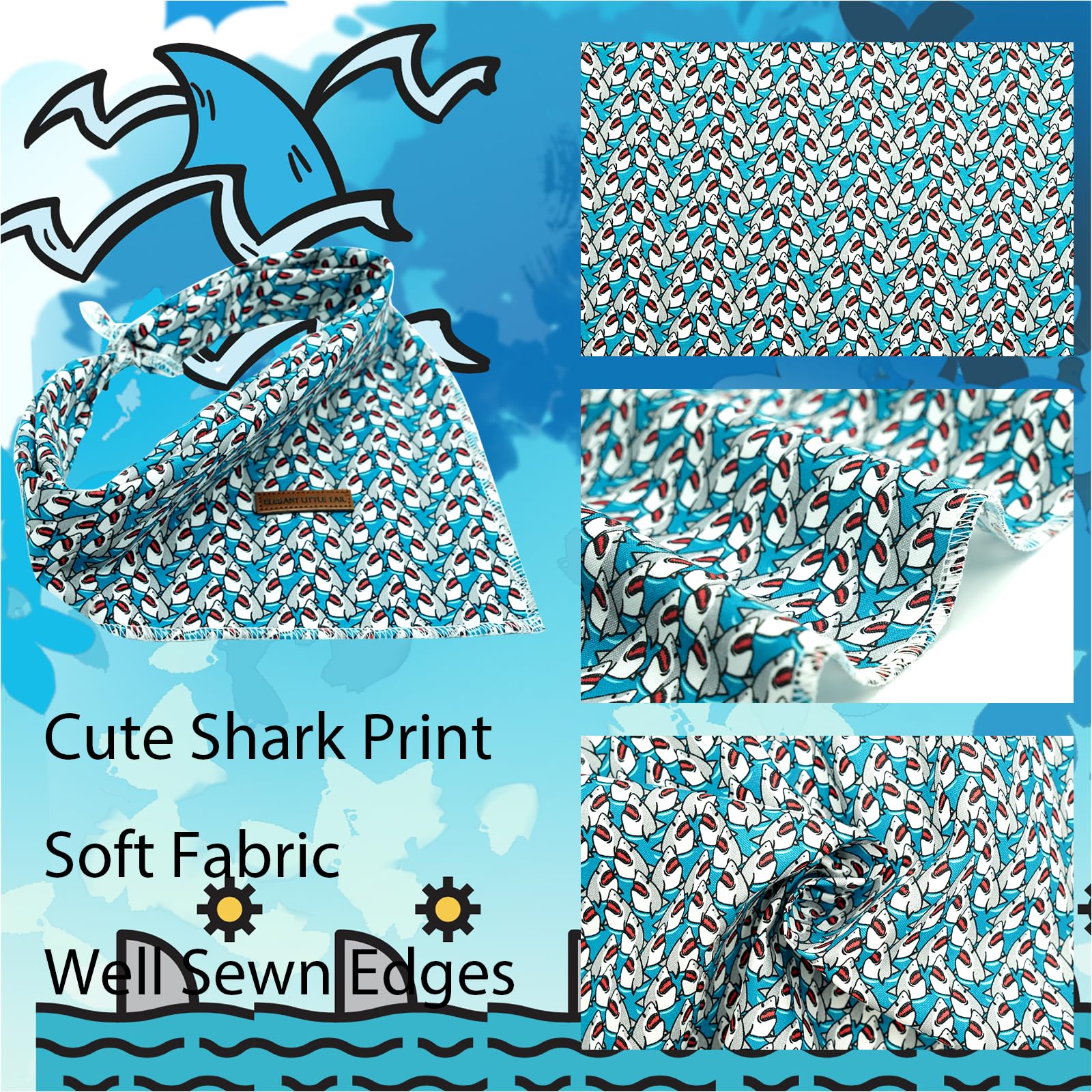 Elegant Little Tail Dog Bandanas - 1 Pack Shark Print Washable Summer Dog Scarf Square Bandana Kerchief Scarf For Small To Large