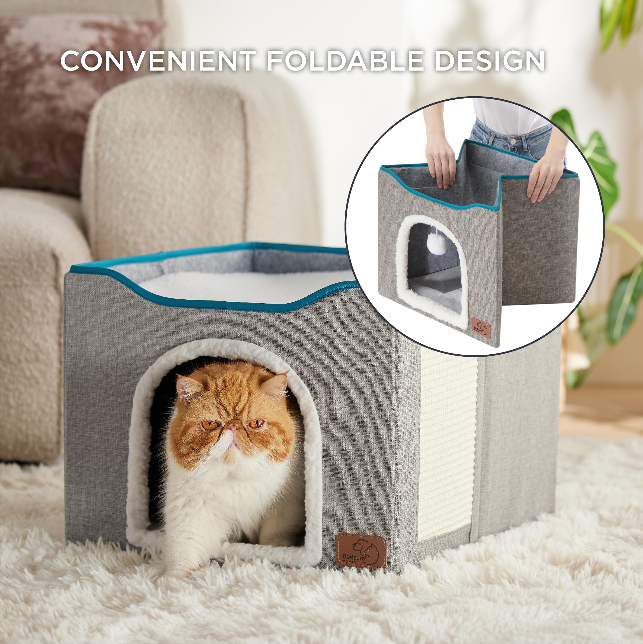 Bedsure Cat Beds For Indoor Cats - Large Cat Cave For Pet Cat House With Fluffy Ball Hanging And Scratch Pad, Foldable Cat Hidea
