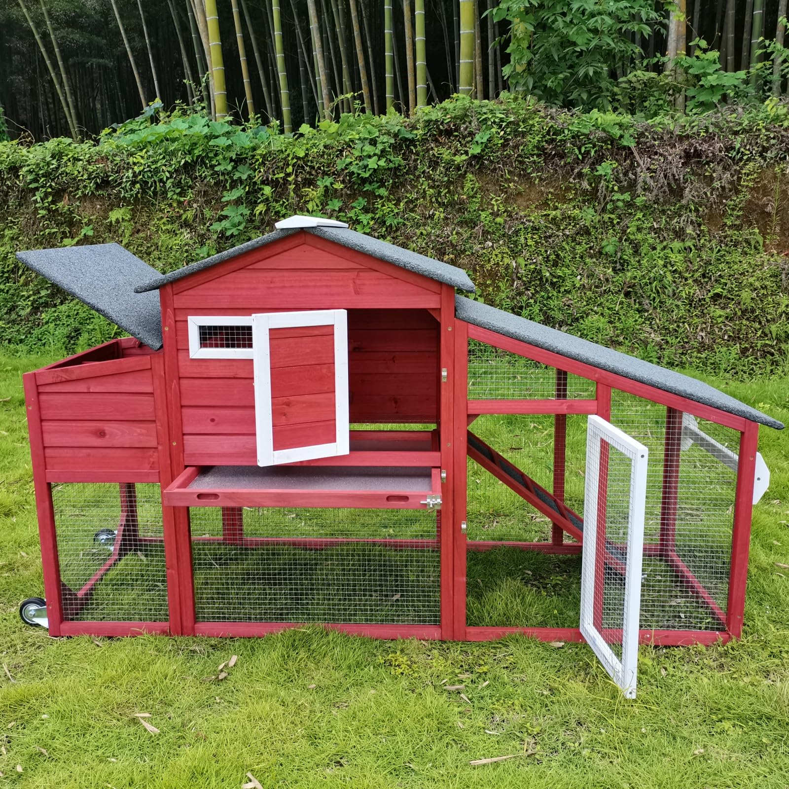 Chicken Coop and Run, Two Story Mobile Rabbit Hutch Indoor Outdoor, Wooden Hen House with Nesting Box Rabbit Cage on Wheels, Ram