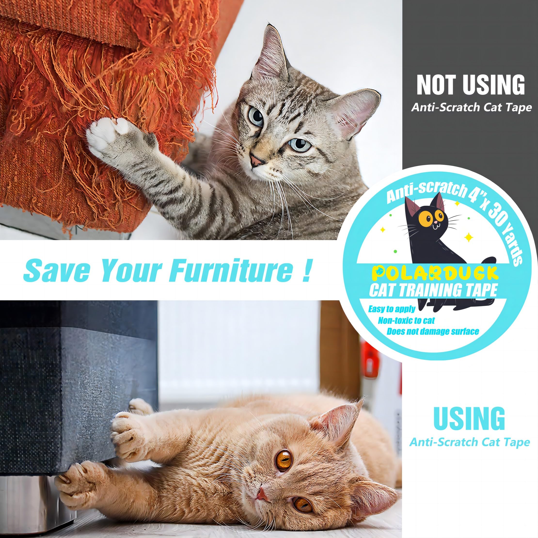 Polarduck Anti Cat Scratch Tape, Double-Sided, 4" x 30 Yards, Transparent, Furniture Protector, Safe for Pets and Kids