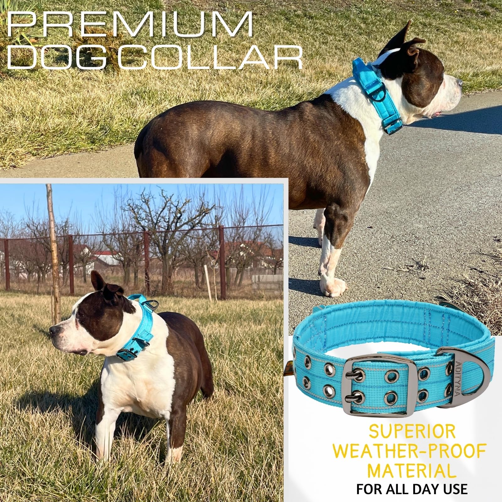 Adityna Heavy Duty Dog Collar For Medium Dogs - Reflective Blue Collar With Handle For Training, And Walking - Wide, Thick, Tact