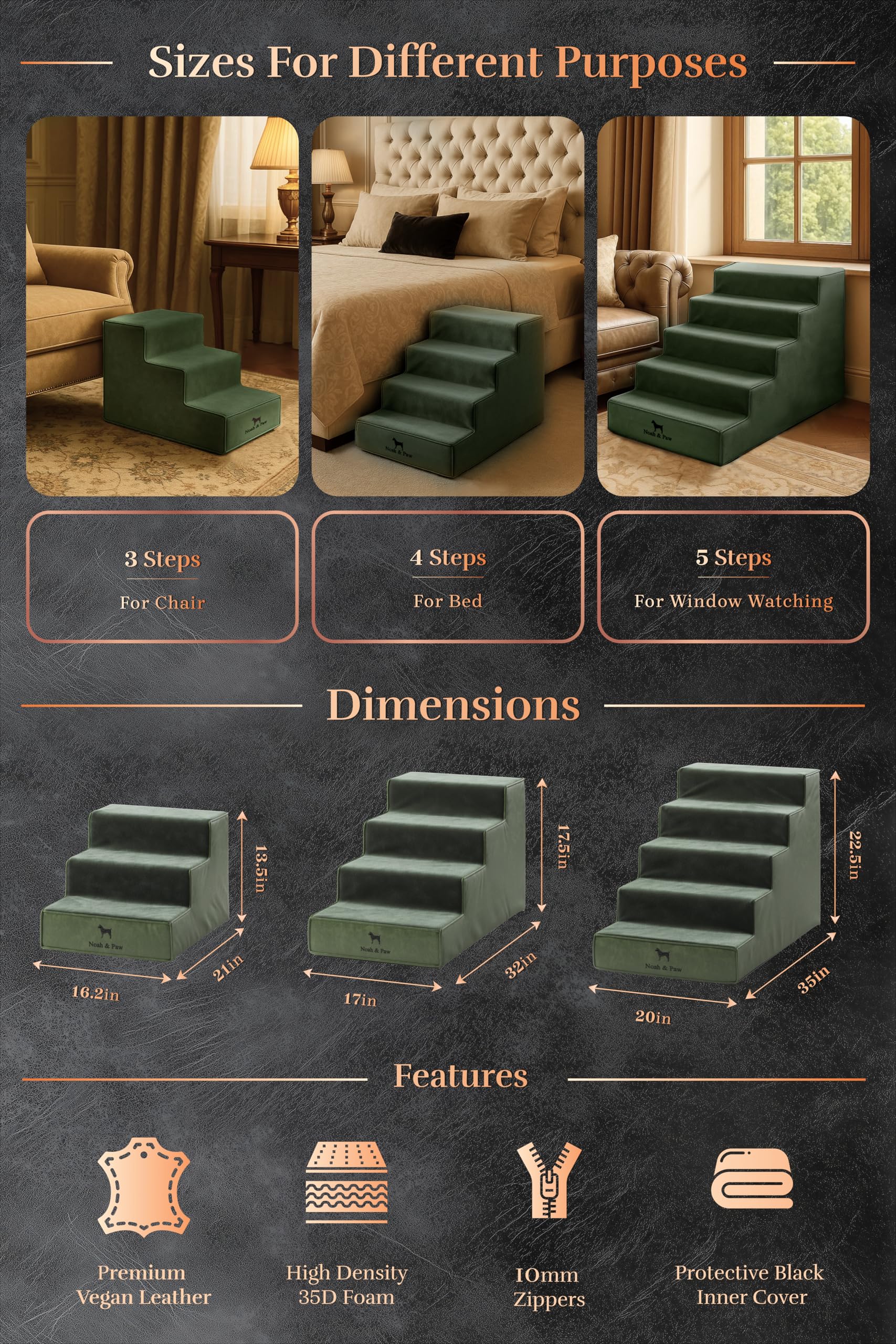 Noah & Paw Dog Stairs, Dog Ramp for Bed (16 Extra Wide) Pet Stairs for High Bed, Design to Fit Small and Large Breeds, Durable 3