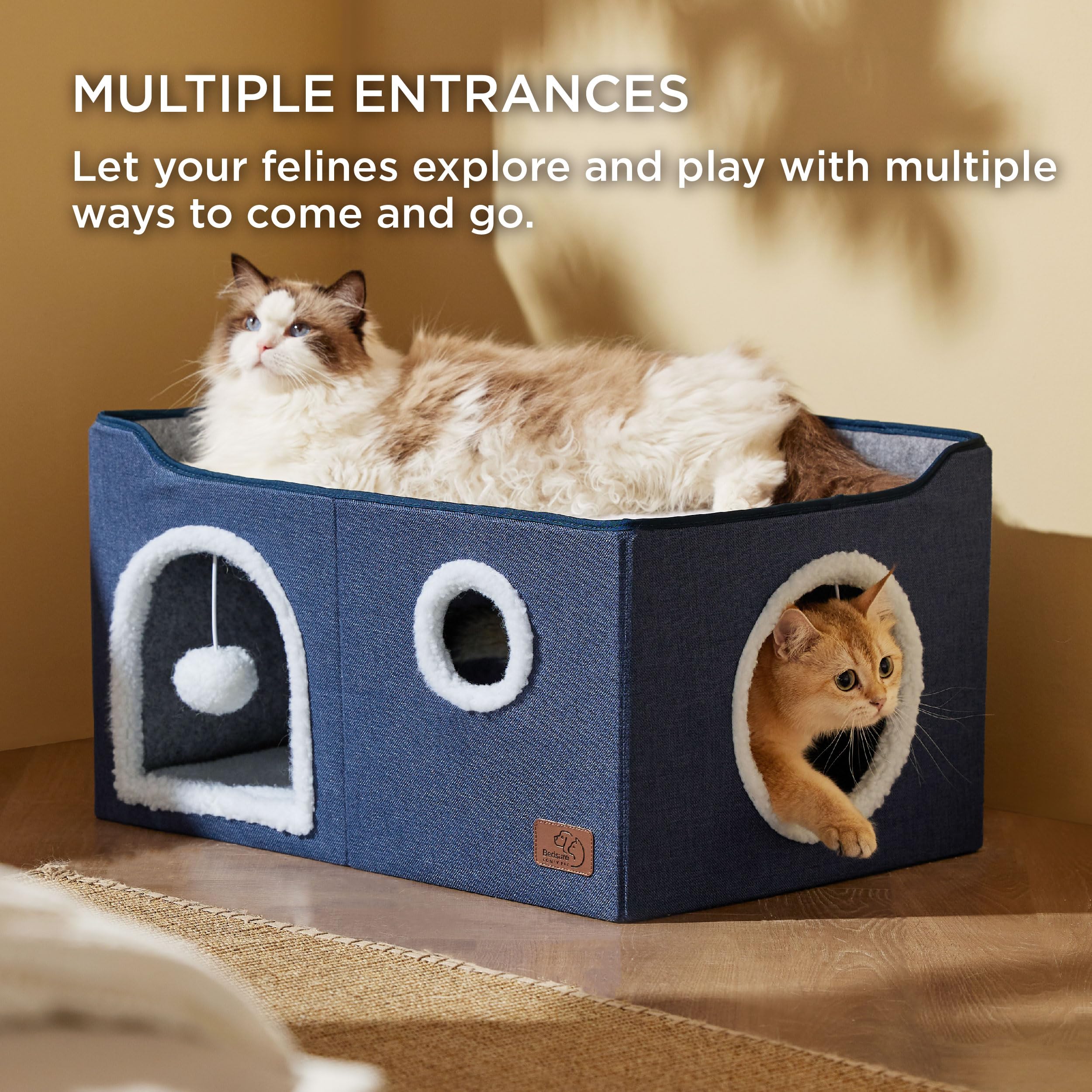 Bedsure Extra-Wide Cat House For Indoor Cats - Large Cat Cave For Pet Cat House With Fluffy Ball Hanging And Scratch Pad, Foldable Cat Hideaway For Multi Cats, 23.6X16.9X13 Inches, Blue