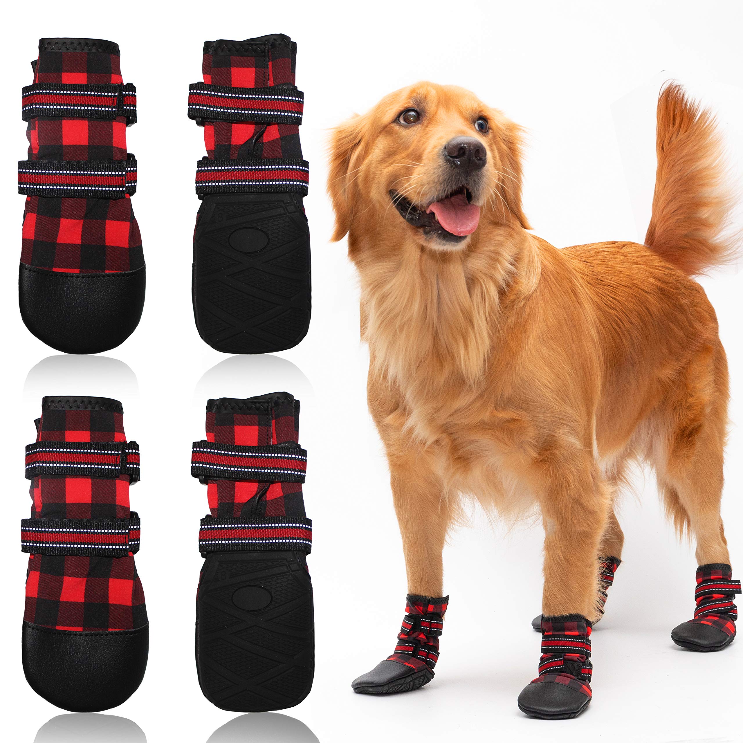 FLYSTAR Dog Shoes for Medium Large Dogs, Waterproof Rain Snow NonSlip Dog Boots for Winter, Plaid Reflective Adjustable Warm Do