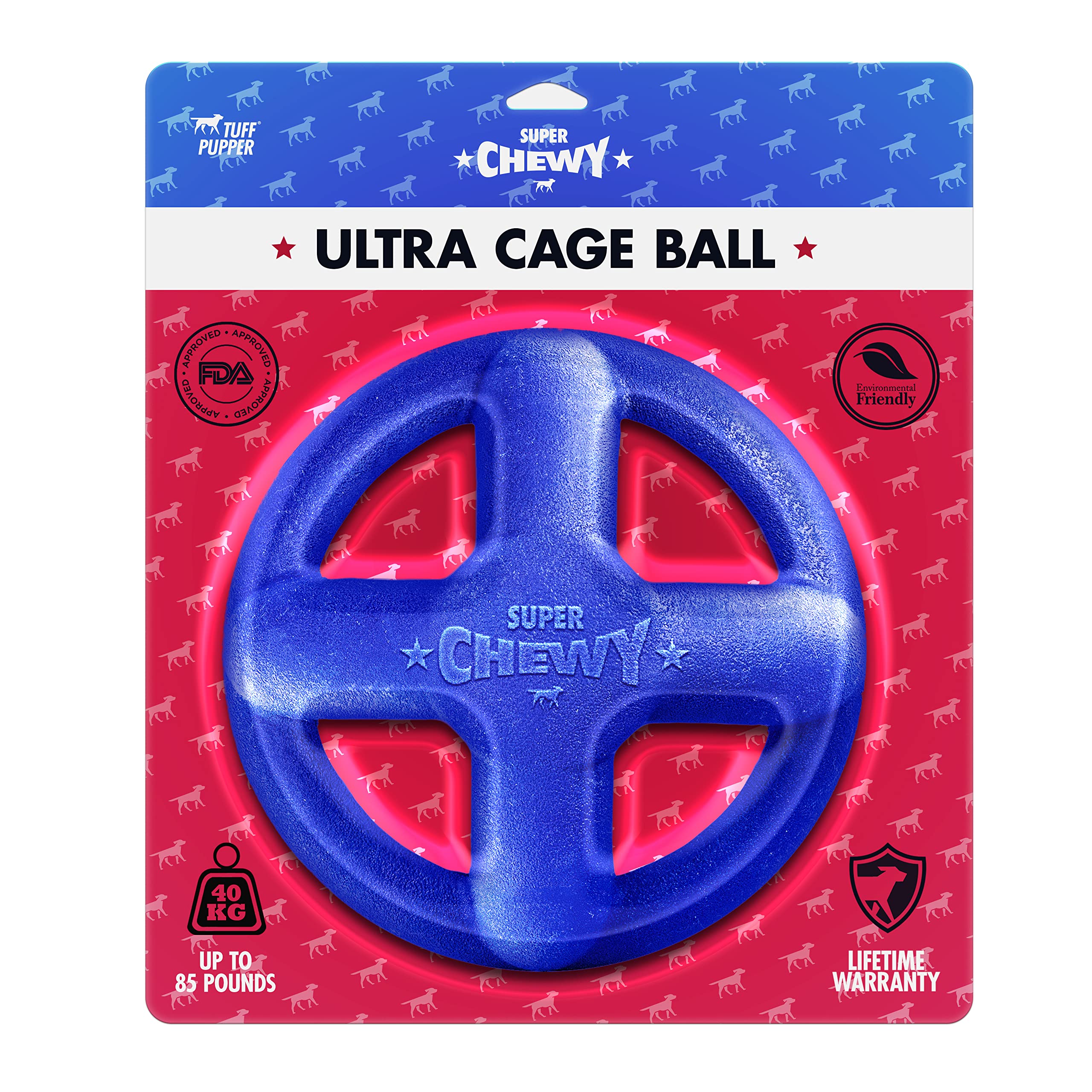 Tuff Pupper SuperChewer Tough Dog Cage Ball Toy - Large 4" Natural Rubber, Blue, Durable for Aggressive Chewers, Lifetime Replacement