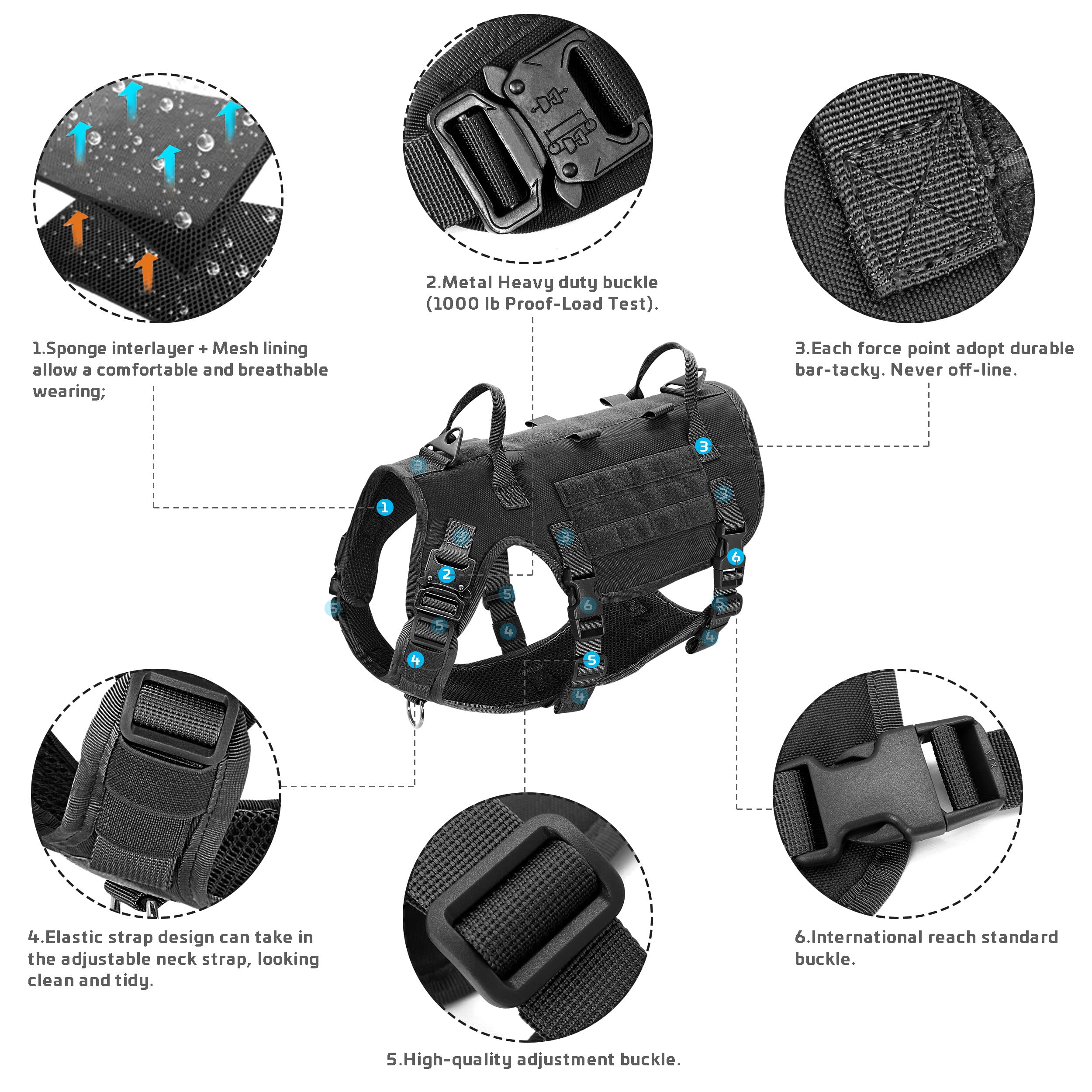 Forestpaw Tactical Dog Vest Harness & Collar Set, Black, L, Nylon, No Pull Military Design for Medium Large Dogs