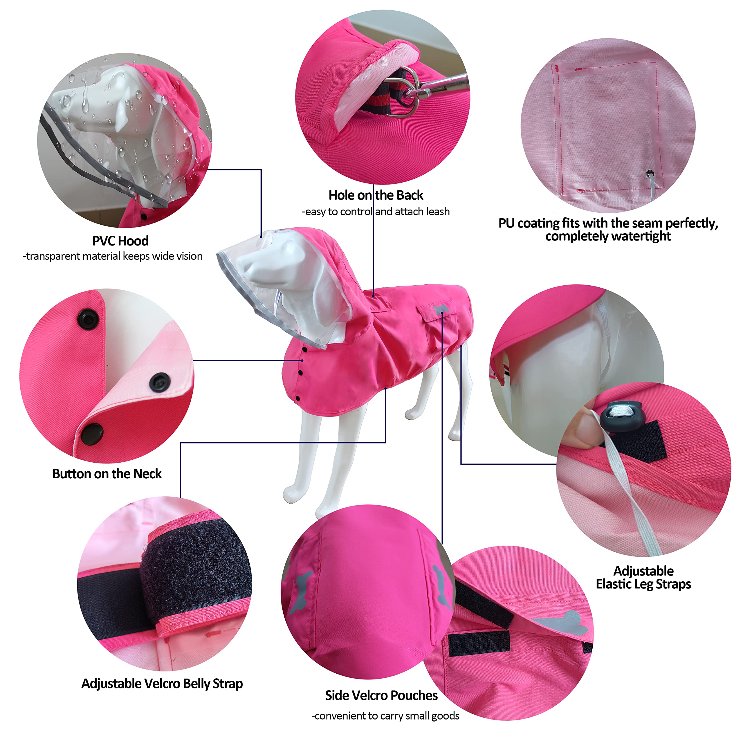 Waterproof Dog Raincoat, Adjustable Reflective Lightweight Pet Rain Clothes With Poncho Hood (Small, Dark Pink)