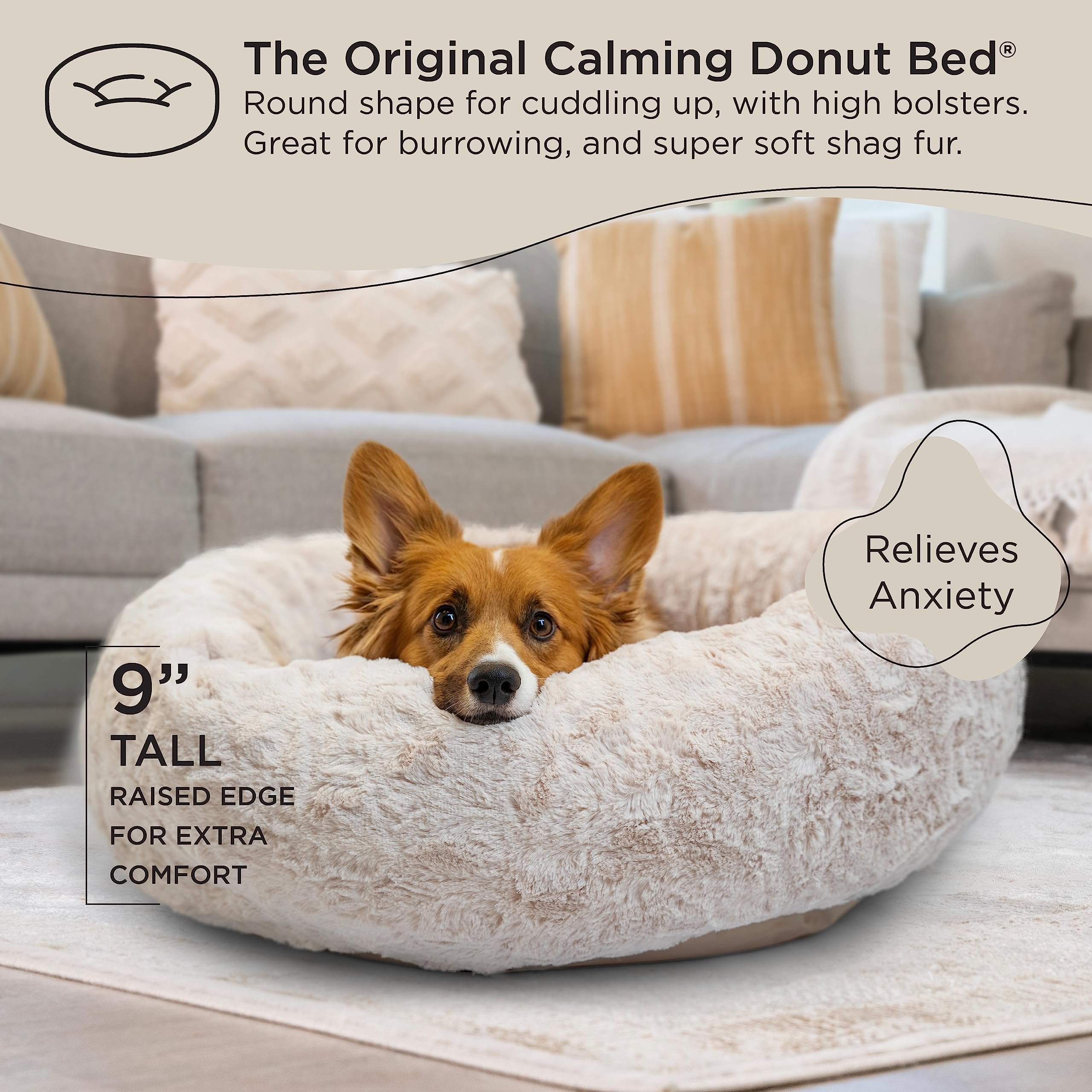 Best Friends by Sheri Calming Donut Dog & Cat Bed, Medium 30x30, Oyster Lux, Textured Plush, Model 4901