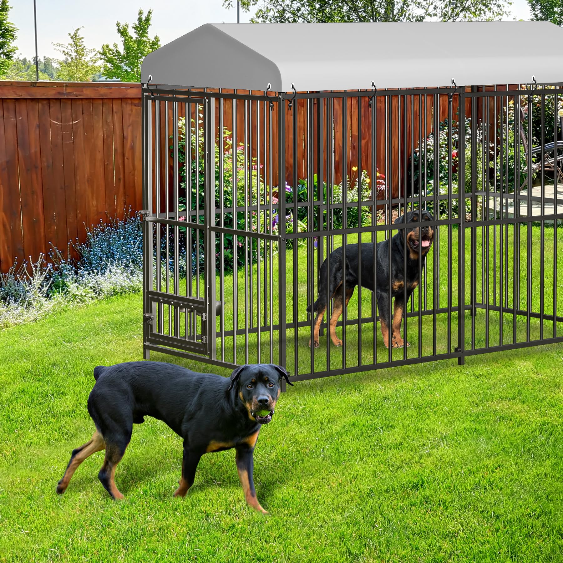 Large Outdoor Dog Kennel with Waterproof Cover, Large Dog House with Feeding Doors, Heavy Duty Dog Enclosures for Garden Backyar