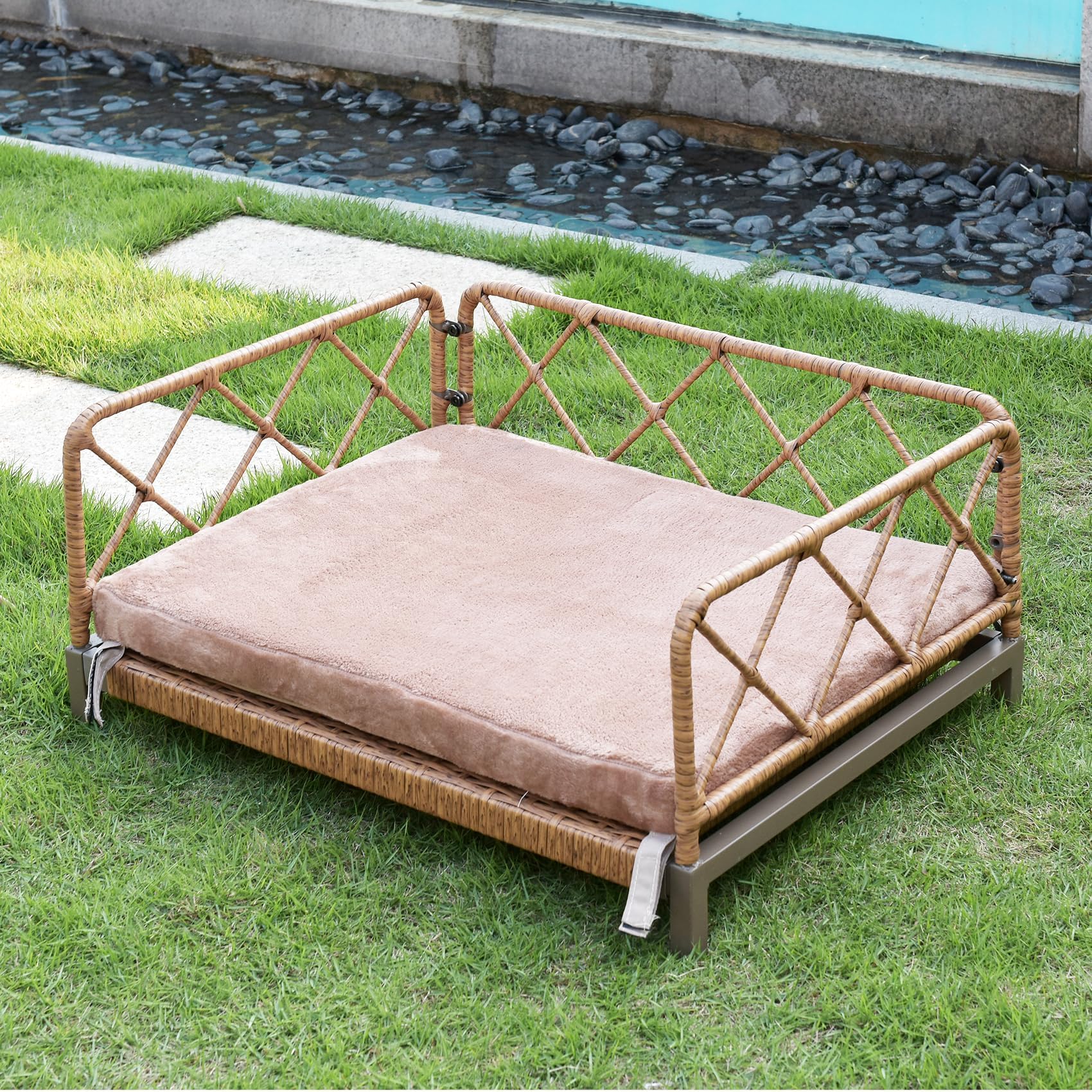 Otair Outdoor Wicker Dog Bed - Rattan Sofa with Soft Cushion, Small, Brown Wicker/White Cushion, Model Otair-Dogbed