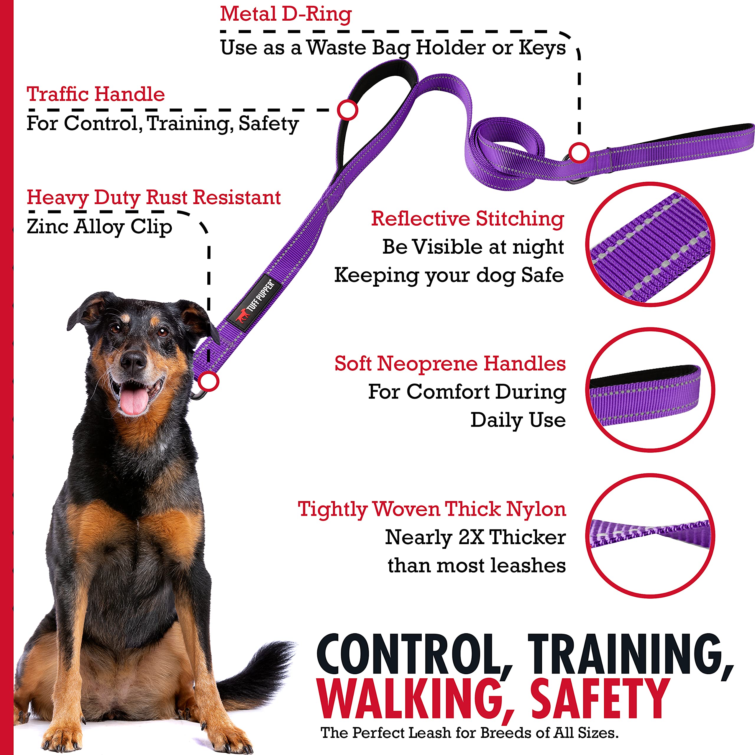 Tuff Pupper Heavy Duty Double Handle Leash - 6ft, Reflective, Purple, Twist Locking Carabiner for Medium & Large Dogs