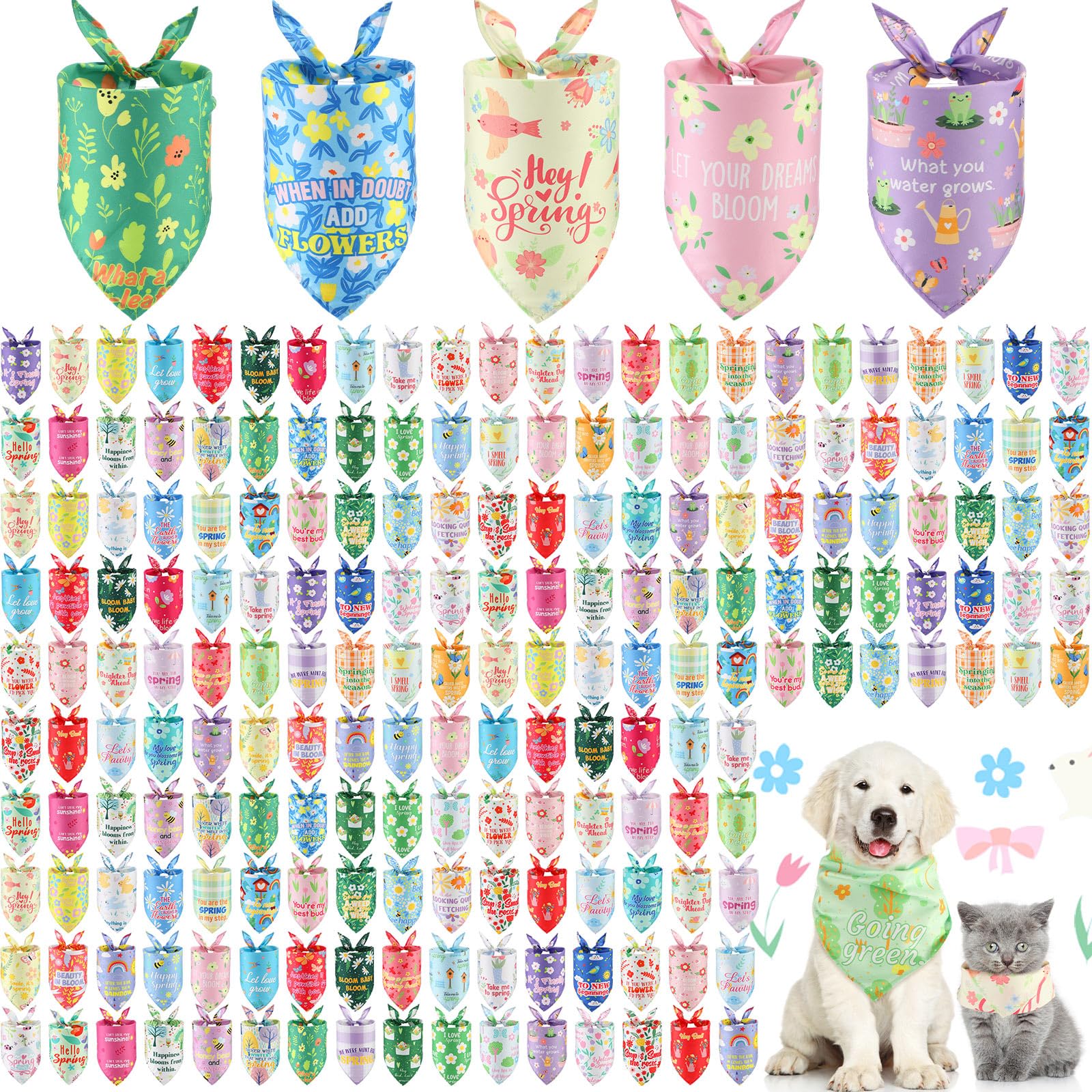 Kacctyen 200 Pcs Dog Bandana Bulk For Groomers With Sayings Spring Floral Printed Pet Triangle Scarf Bibs Washable Puppy Kerchie