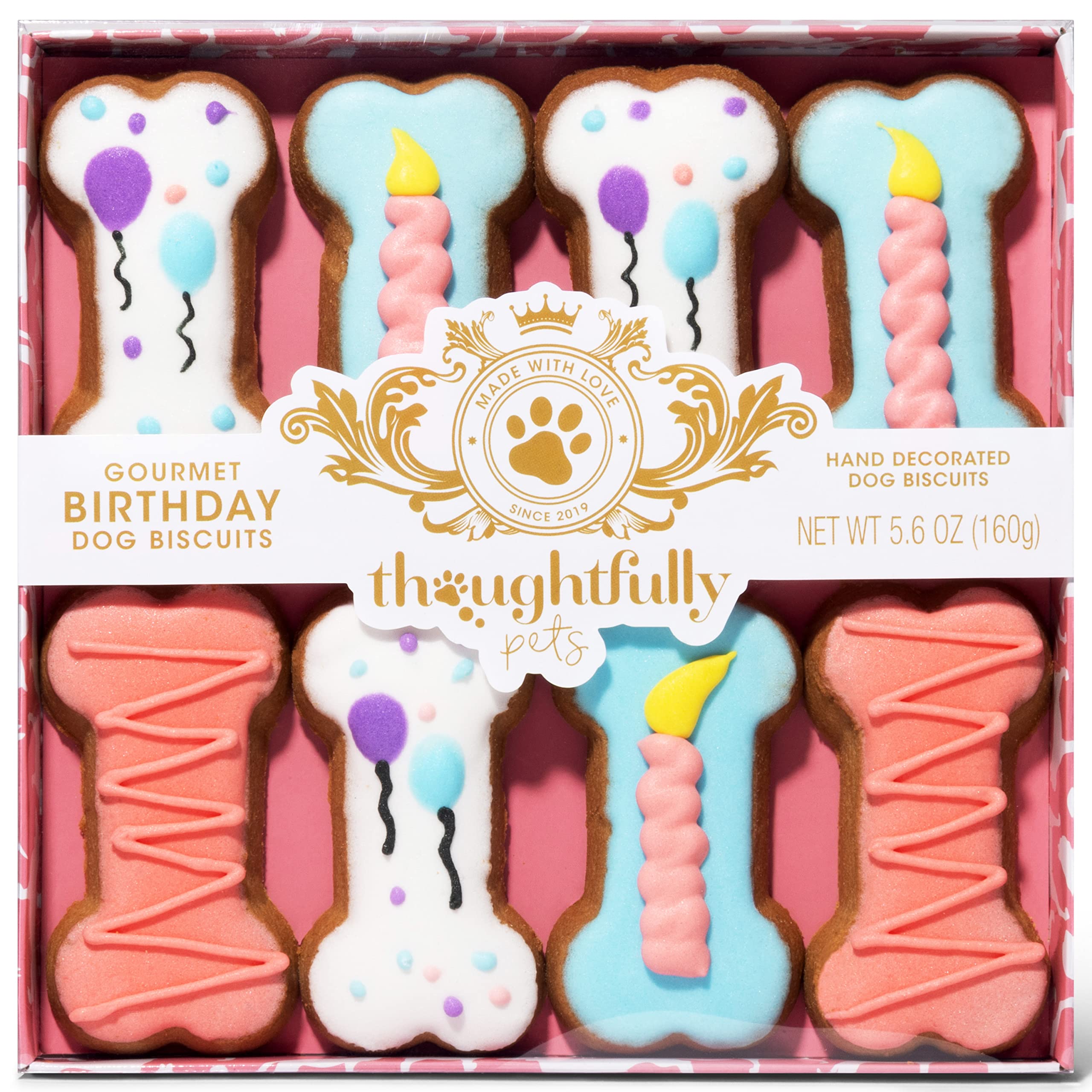 Thoughtfully Pets, Dog Birthday Cookie Gift Set, Hand Decorated Crunchy Treats in Bone Shapes, Great for Birthdays, Set of 8