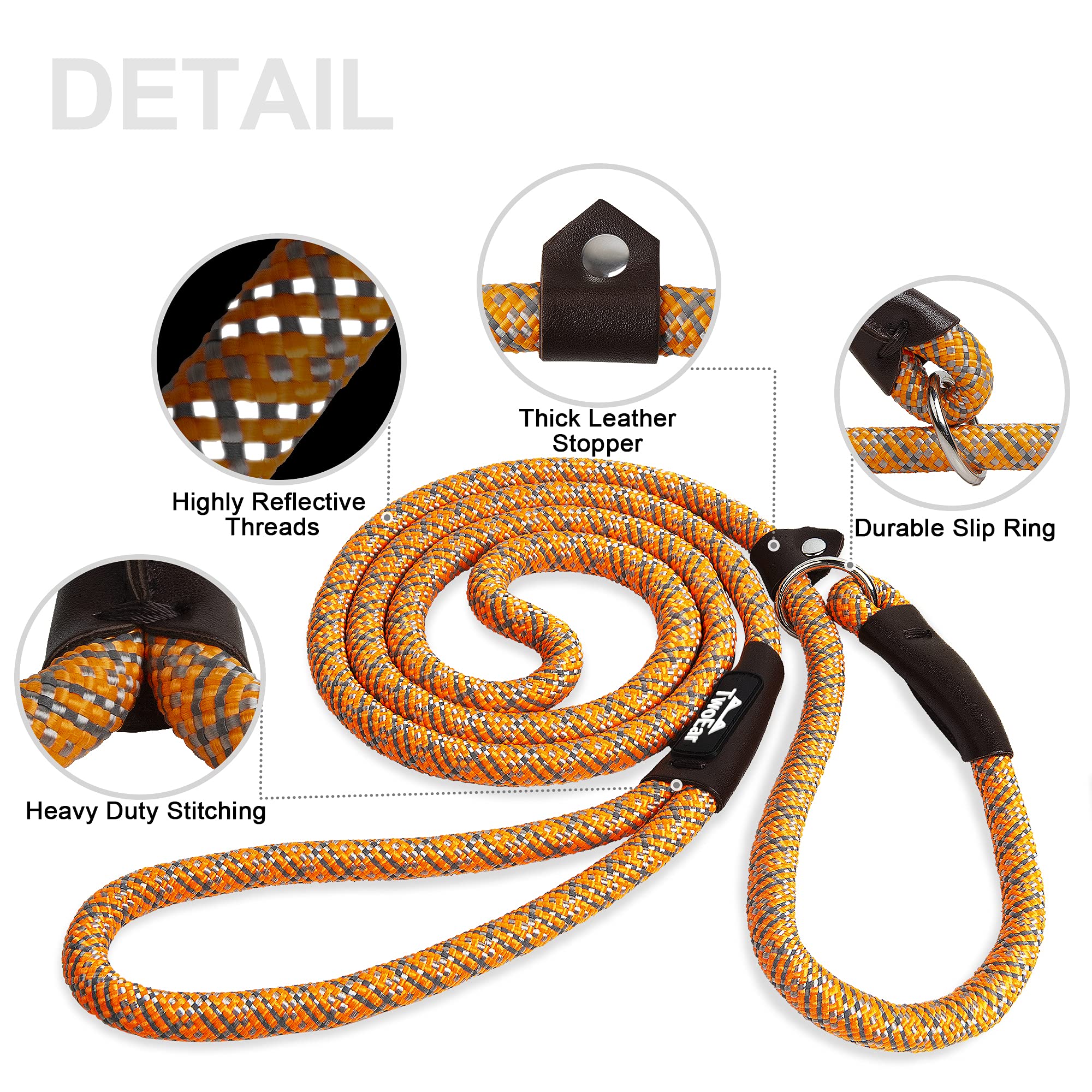 Twoear Dog Leash Dog Slip Rope Leash 1/2' X 6Ft Dog Training Leash Heavy Duty Strong Slip Lead Highly Reflective Threads For Small Medium And Large Dogs(Orange)