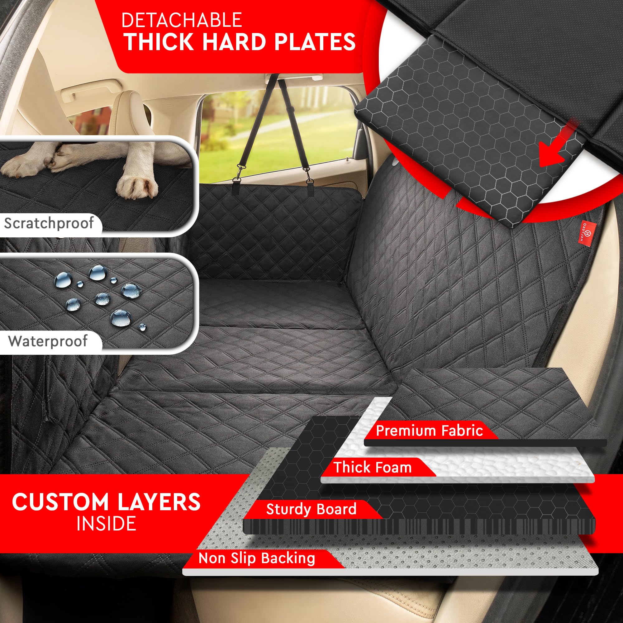 Helteko Back Seat Extender For Dogs, Premium Car Seat Cover With Hard Bottom Plates, Waterproof Backseat Protector, Mesh Window