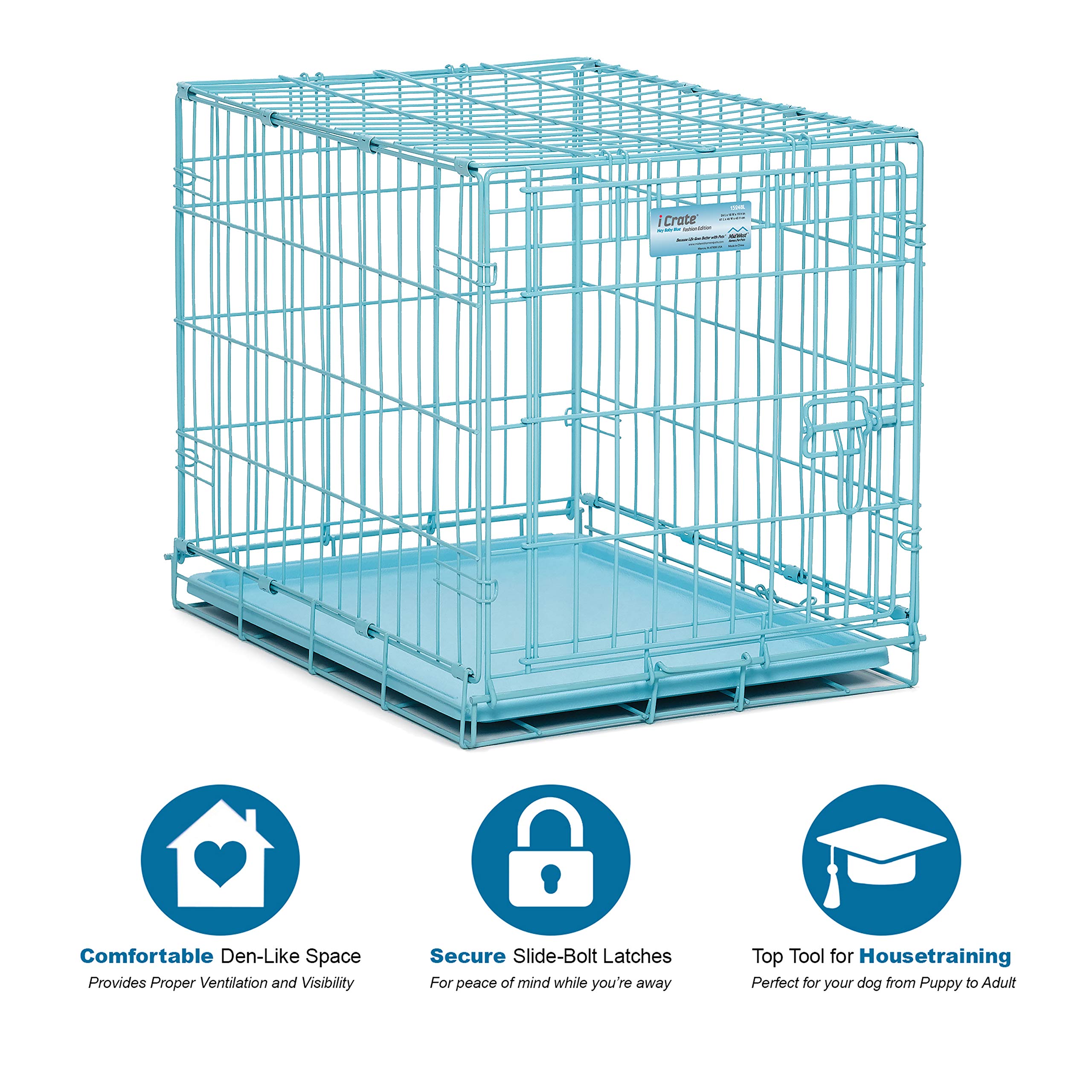 Midwest Homes For Pets Single Door Blue Folding Metal Dog Crate W/ Divider Panel, Floor Protecting 'Roller' Feet & Leak Proof Plastic Tray, 24L X 18W X 19H Inches, Small Dog Breed
