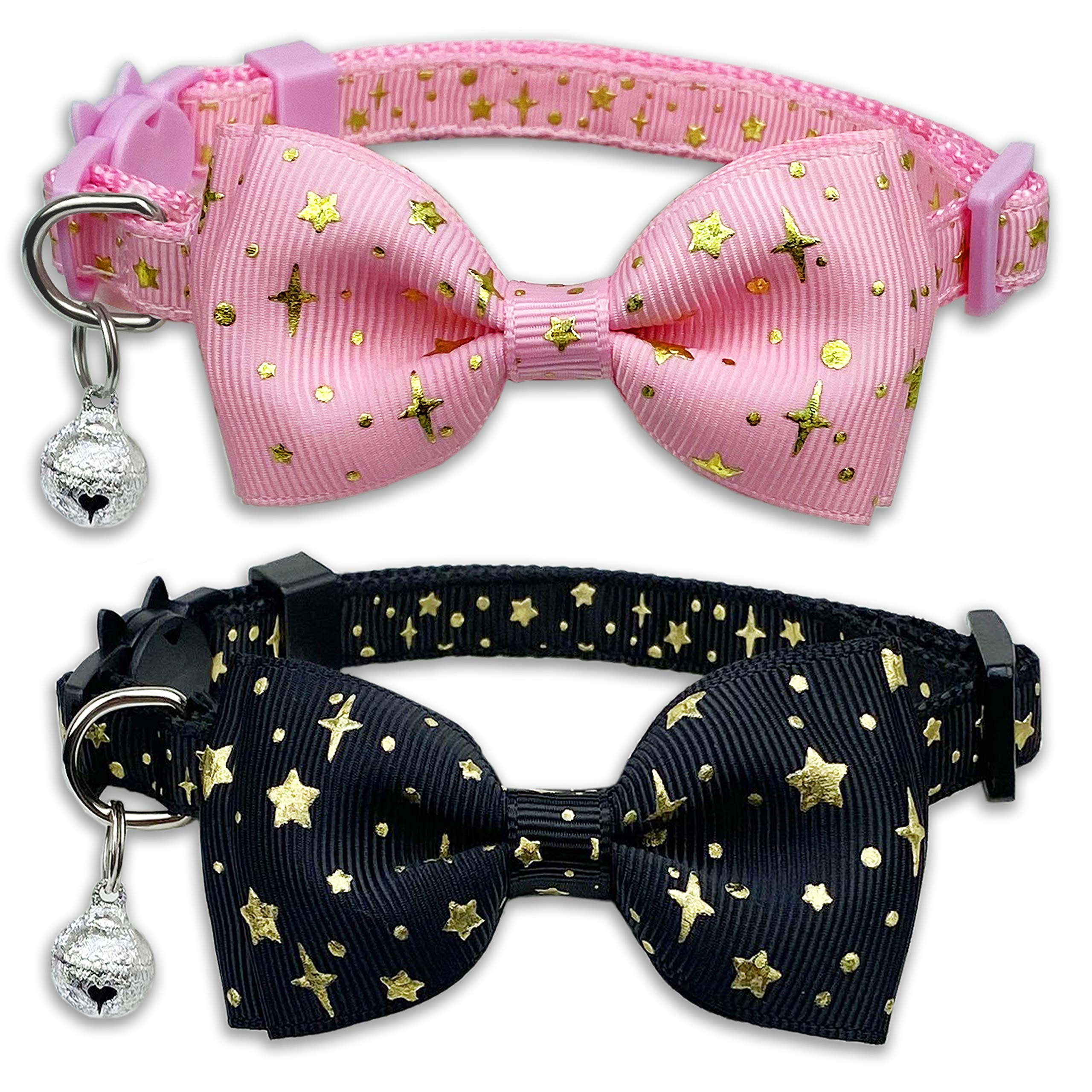 2 Pack Cat Collar With Bow Tie And Bell, Kitty Kitten Starshine Collar Breakaway Collar For Males Females Boys And Girls Cats (Pink+Black)
