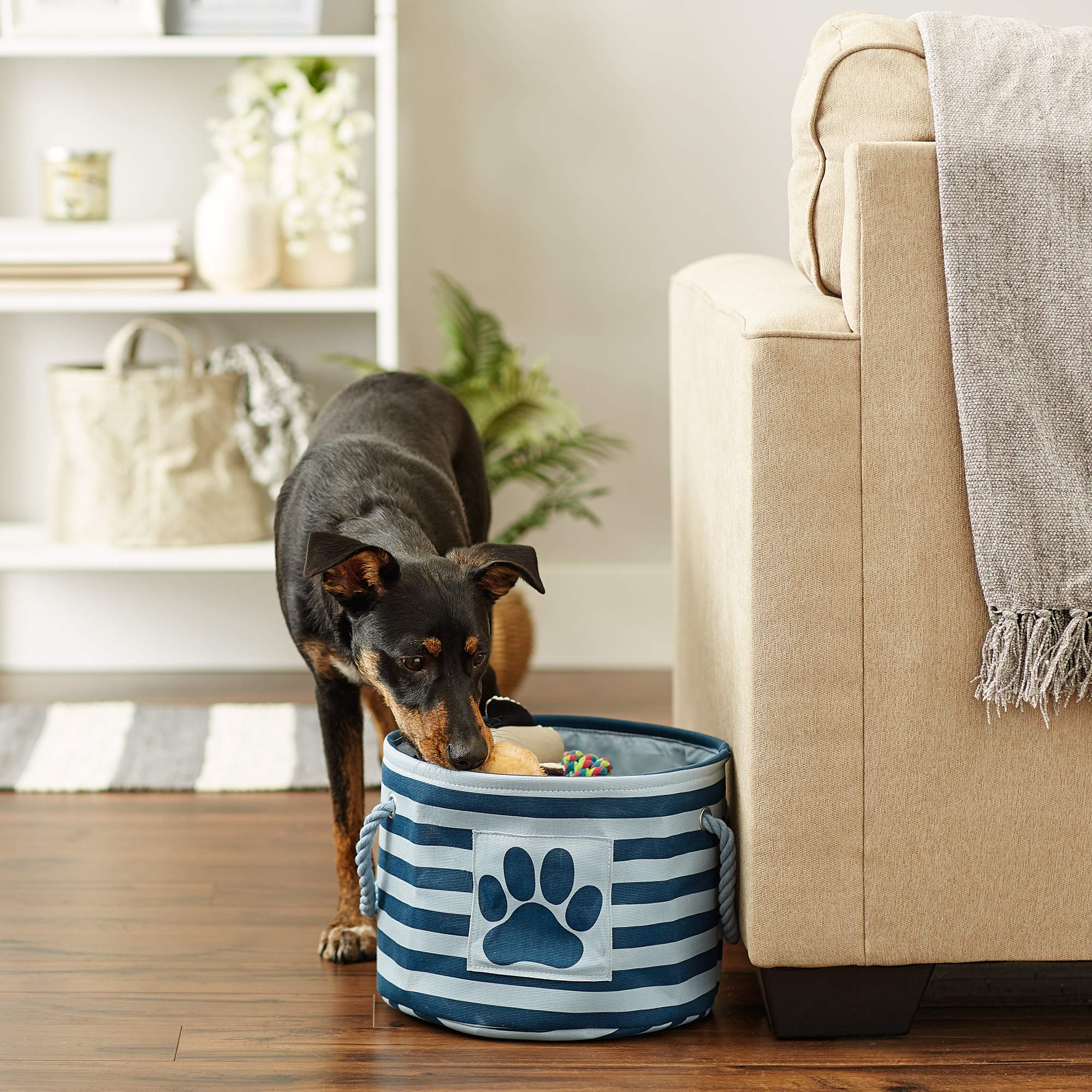 Bone Dry Pet Storage Collection Striped Paw Patch Bin, Small Round, Dark Navy