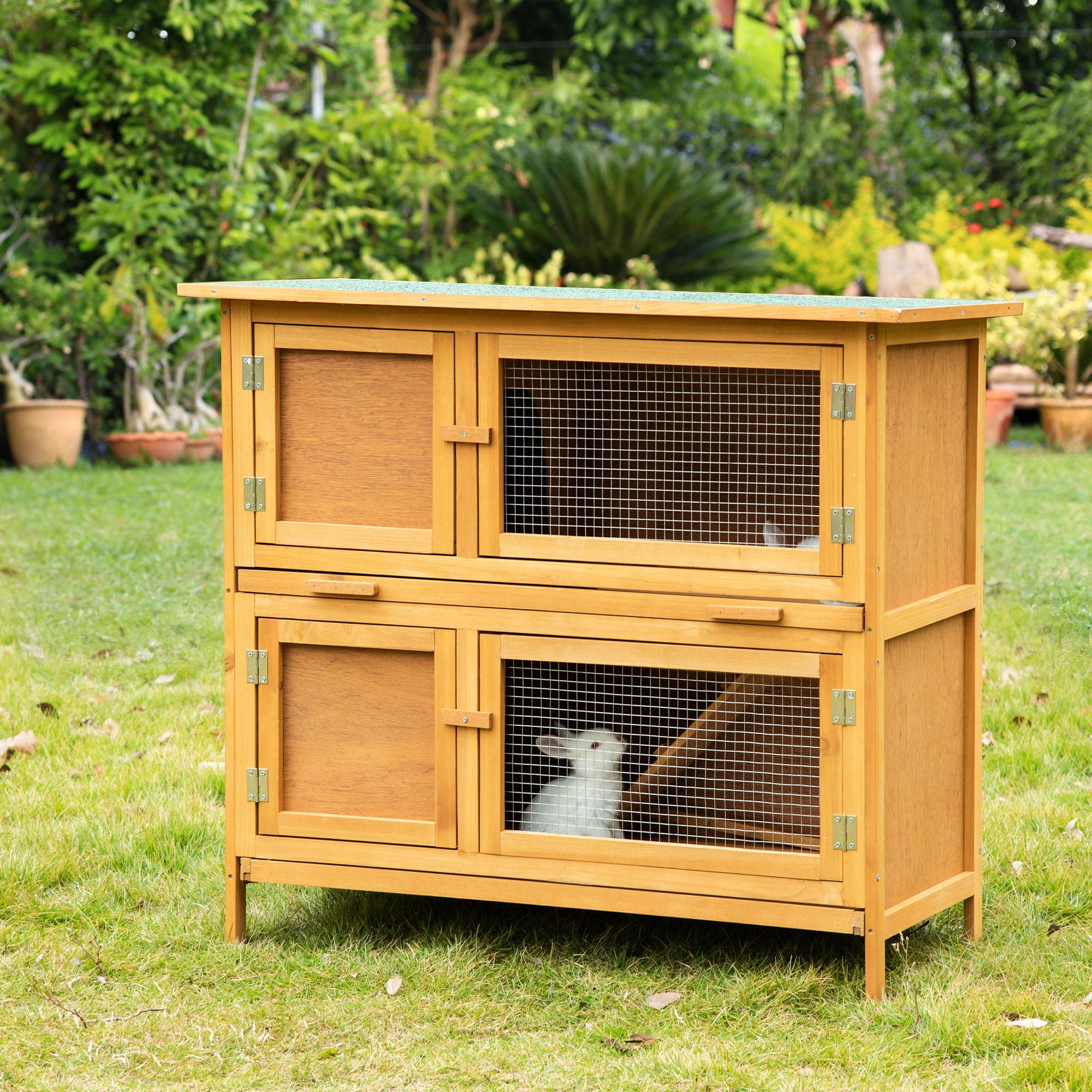 Pawhut Wooden Bunny Rabbit Hutch, Small Animal Habitat With Ramp, Removable Tray & Weatherproof Roof, Indoor/Outdoor, Yellow