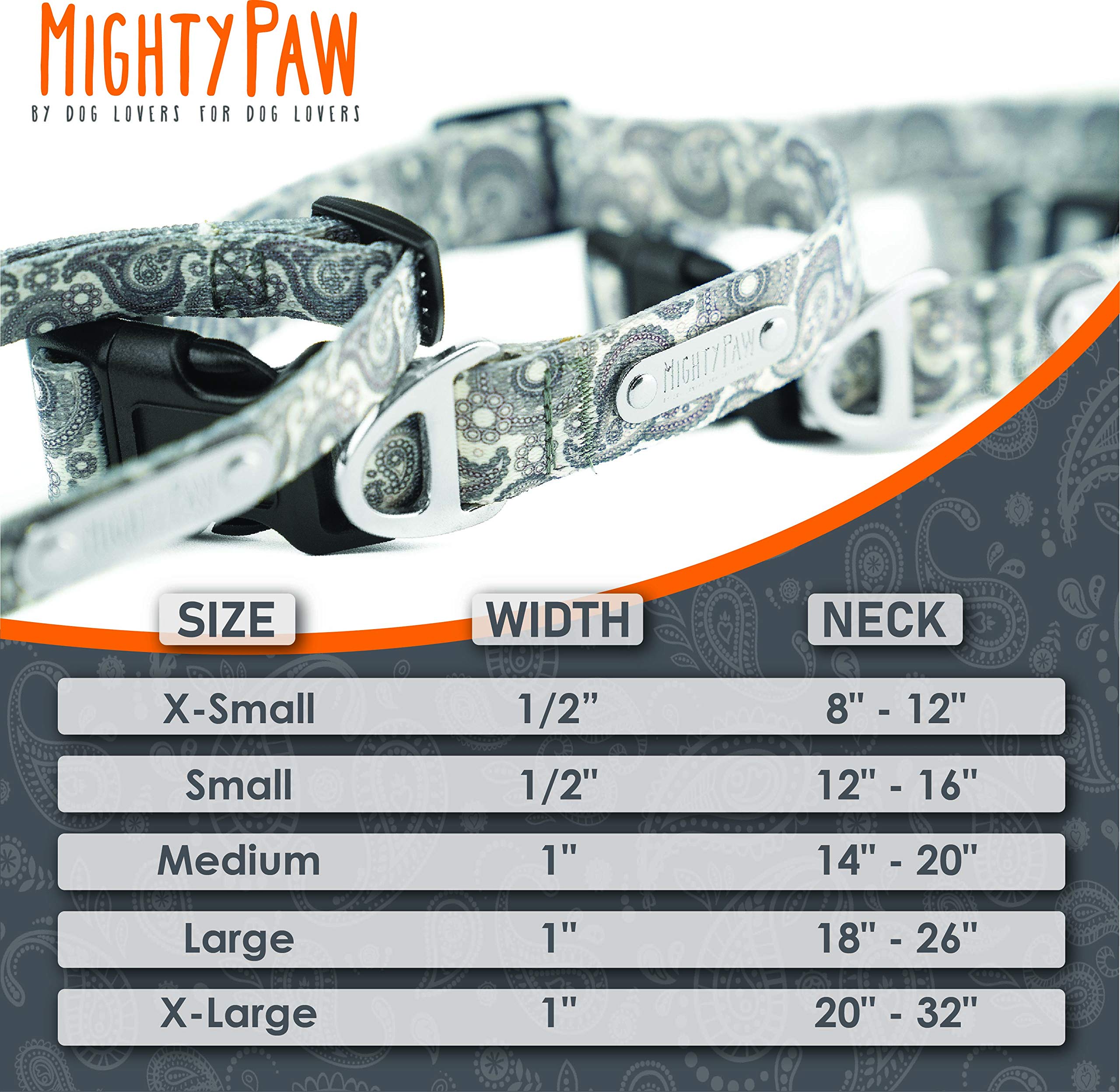 Mighty Paw Grey Paisley Designer Collar - Stylish And Sleek - Great For Small And Large Dogs - Ultimate Comfort With Soft Premiu