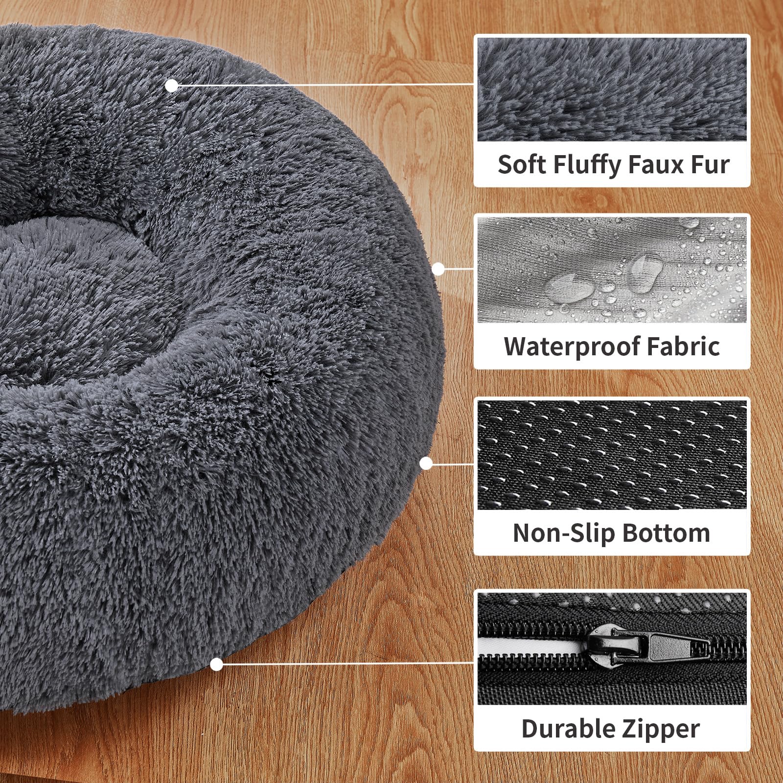Ohgeni Calming Donut Cat Bed Pillow For Small Pets, Machine Washable Removable Cover, Comfort Plush Fluffy Faux Fur With Anti-Slip Bottom, Dogs-Friendly Round Cuddly Design, Gray, 20 Inches