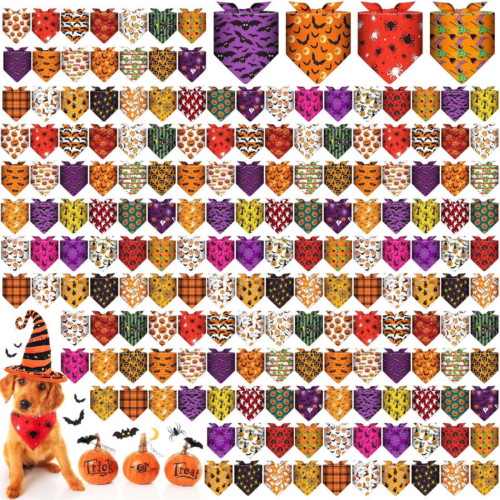 Aliceset 180 Pcs Halloween Dog Bandanas Bulk Halloween Bandana for Dog Adjustable Washable Pet Triangle Scarf Cute Kerchief Scar