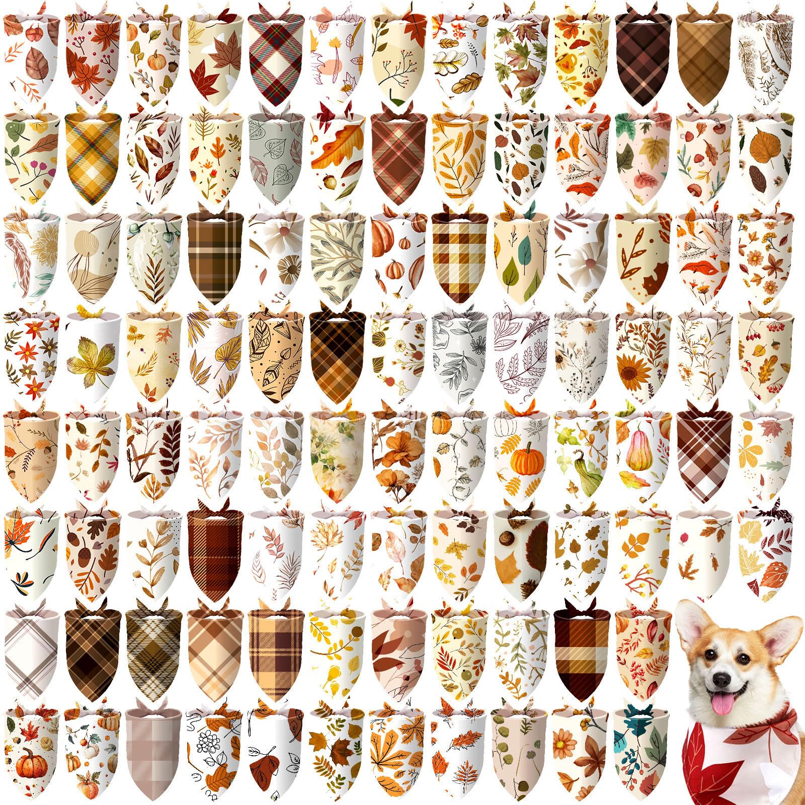 Huhumy 100 Pcs Fall Dog Bandanas Bulk Thanksgiving Pet Bibs Triangle Scarf Autumn Pet Bandanas for Medium Large Dogs Fall Autumn