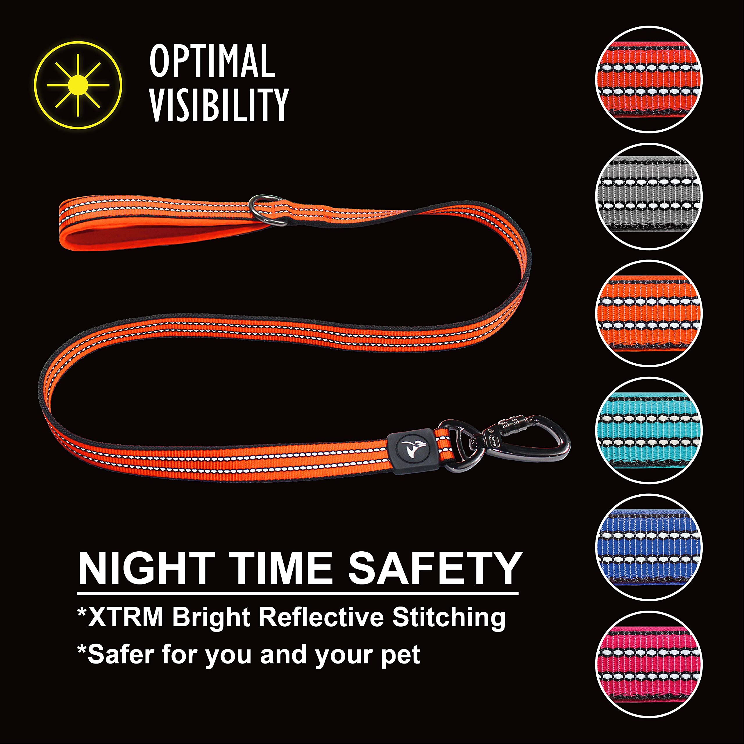 Kruz Pet Kzv5048-08M 4'' Long Reflective Heavy Duty Click Lock Hook Leash Strong, Secure Nylon Safety Lead With Locking Carabine