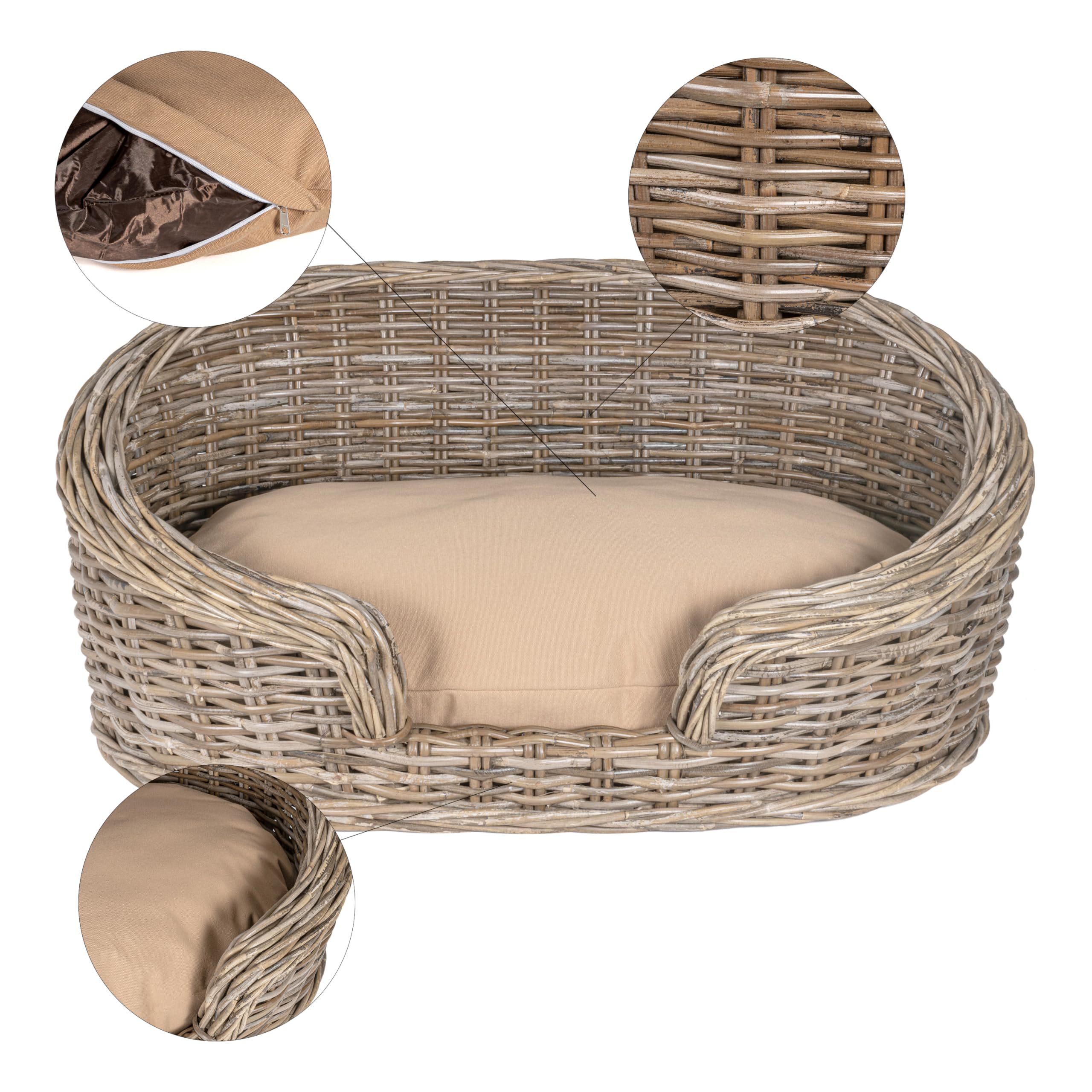 The LICKER Store DBD1001A Curvy 33 x 21.25 Classic Handwoven Rattan Dog Bed with Machine-Washable Cushion, Kubu Gray