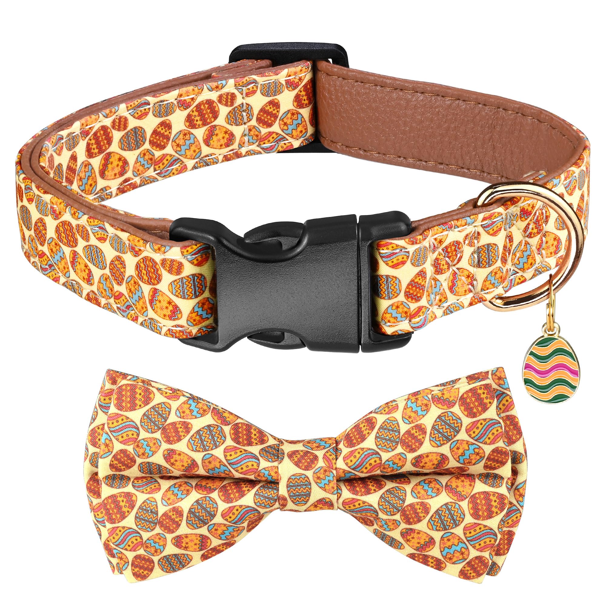 Wipalor Easter Eggs Adjustable Dog Collar Girl Boy Puppy With Detachable Bowtie, Cute Easter Colorful Eggs Dog Collar, Soft Leat