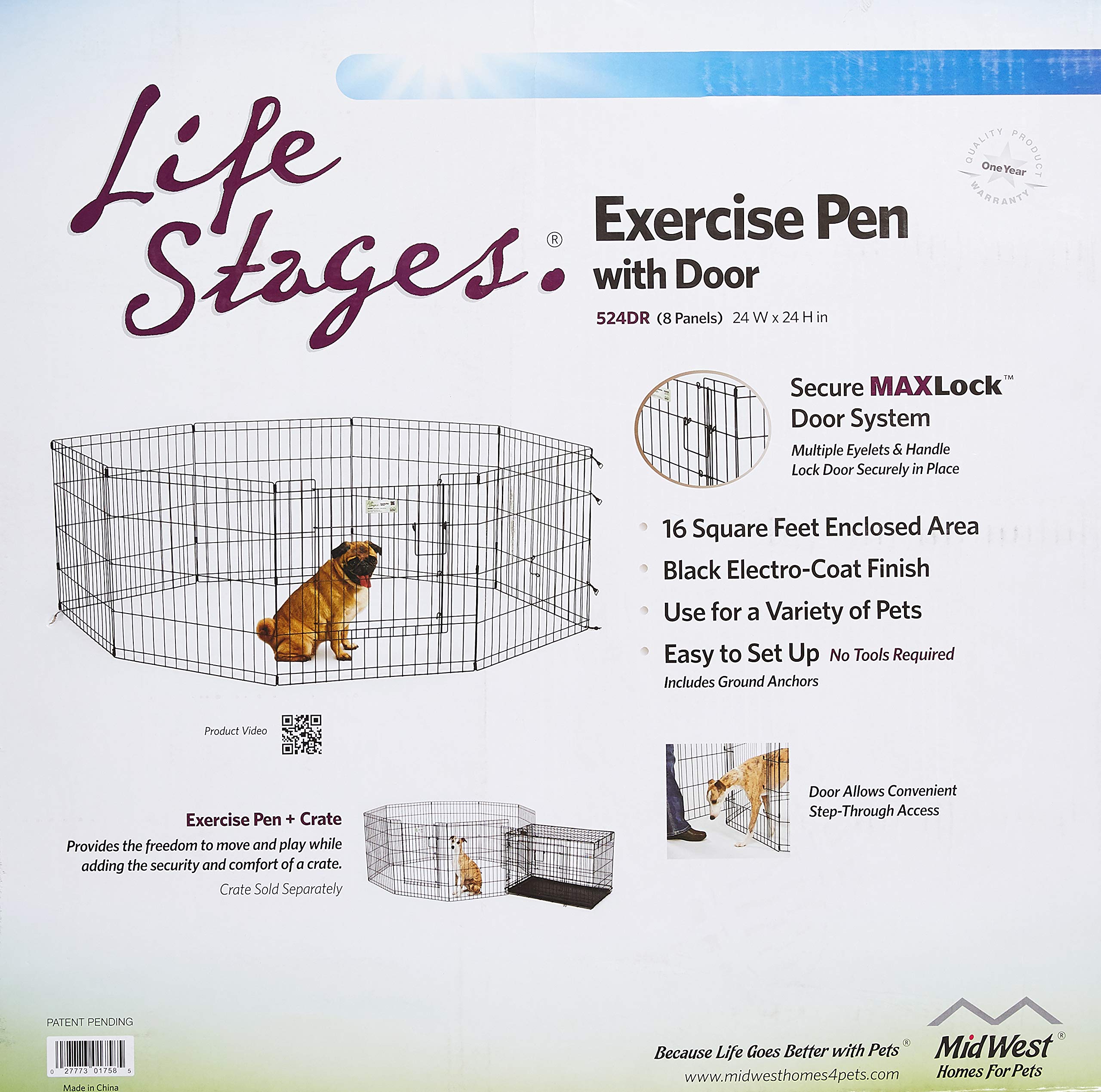 Midwest Homes For Pets Exercise Pen For Pets With Full Max Lock Door, 24-Inch, Black