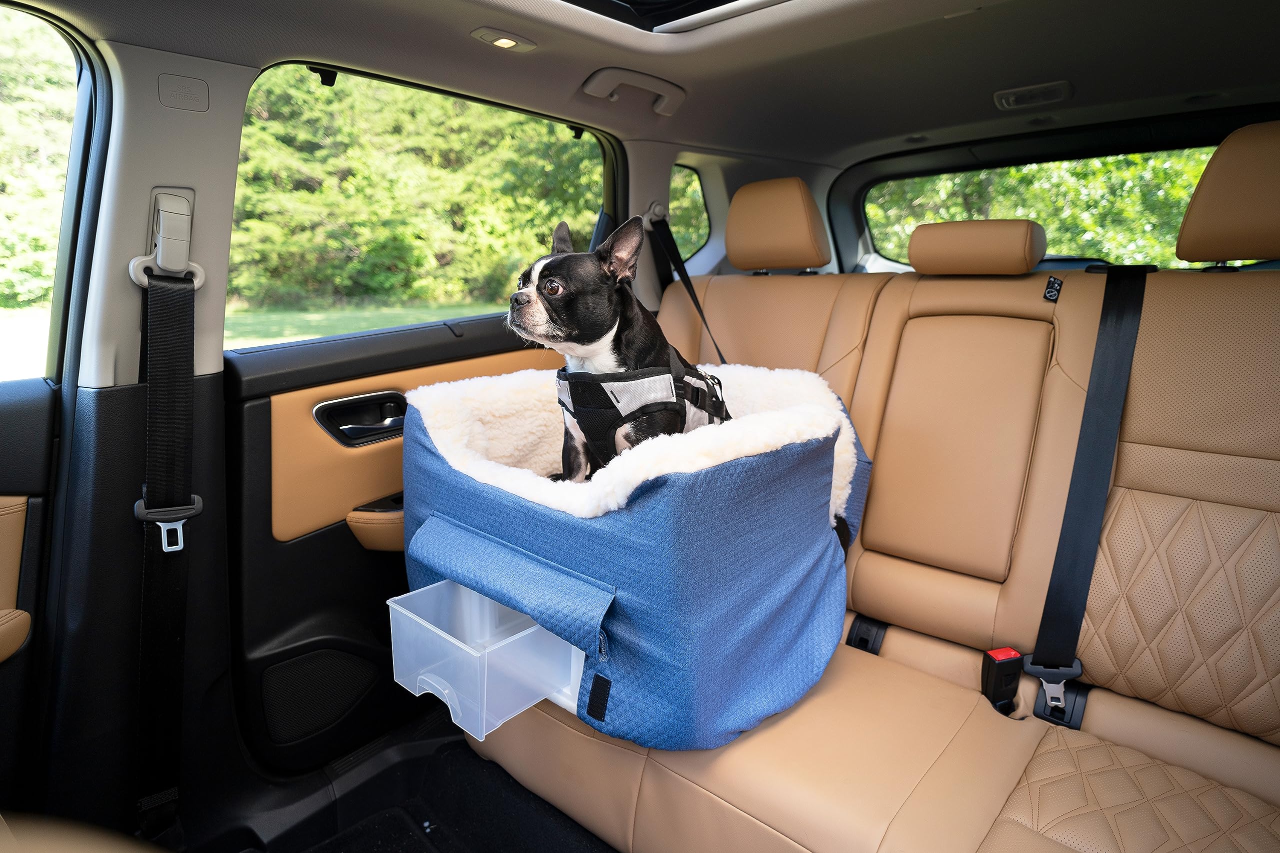 Snoozer Dog Car Seat with Storage Tray: Lookout II Car Seat for Small Dogs Under 25lbs, Size: Medium, Fabric: Denim Diamond, Pet