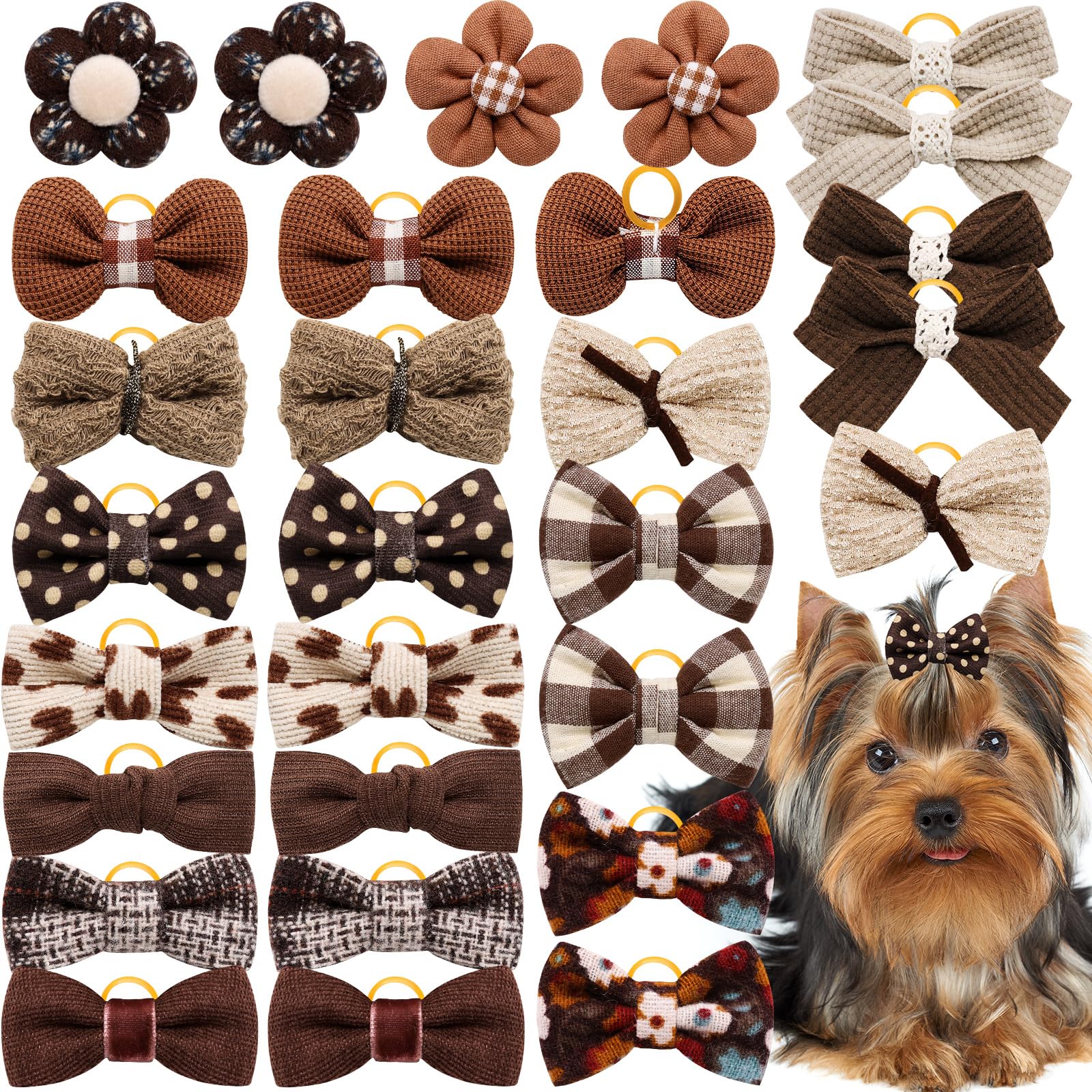 Mruq pet 20pc Brown Small Dog Hair Bows, Mix Holiday Dog Hair Bows for Yorkie Dogs, Puppy Dog Hair Accessories with Rubber Bands