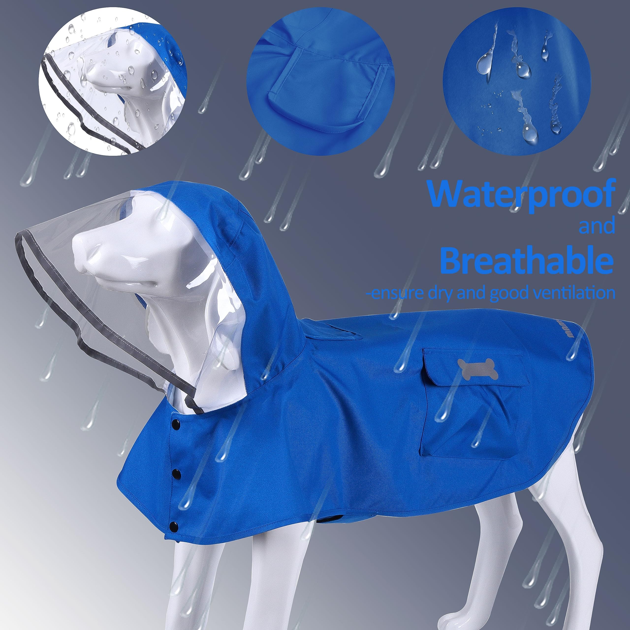 Waterproof Dog Raincoat, Adjustable Reflective Lightweight Pet Rain Clothes With Poncho Hood (Large, Blue)