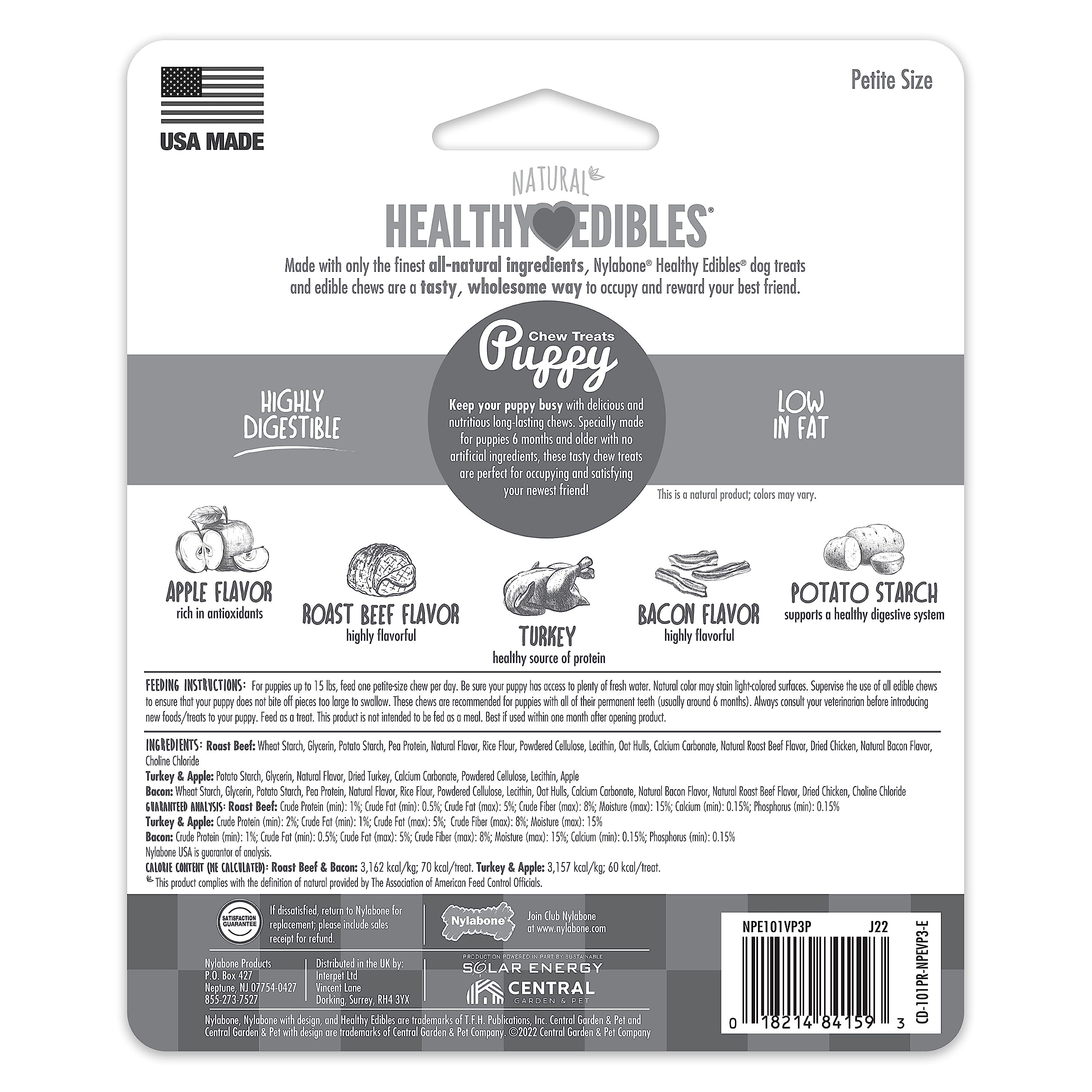 Nylabone Healthy Edibles Natural Puppy Chews Long Lasting Treats for Puppies, Roast Beef, Apple & Bacon Flavor, X-Small/Petite (