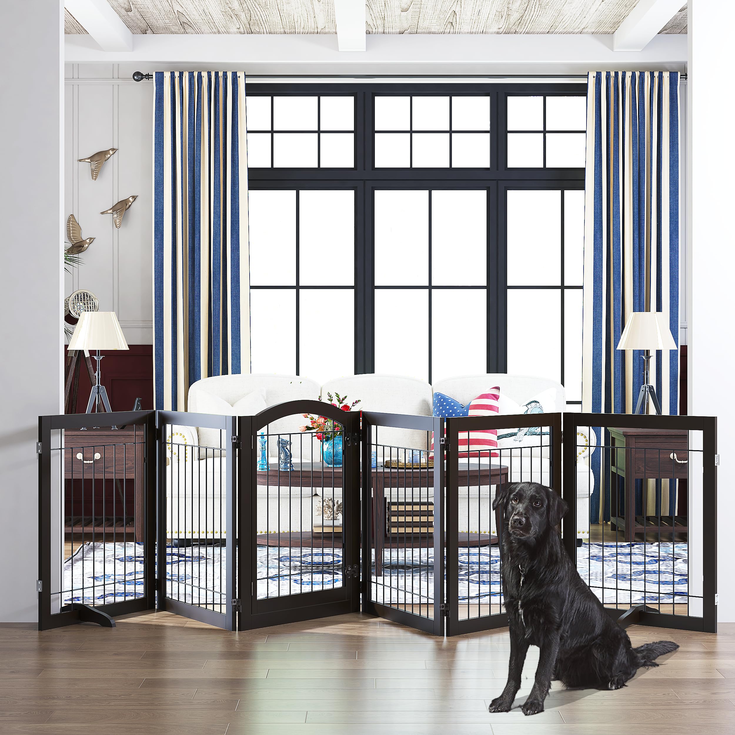 Pawland 144-Inch Extra Wide 30-Inches Tall Dog Gate With Door Walk Through, Freestanding Wire Pet Gate For The House, Doorway, Stairs, Pet Puppy Safety Fence, Support Feet Included, Espresso,6 Panels