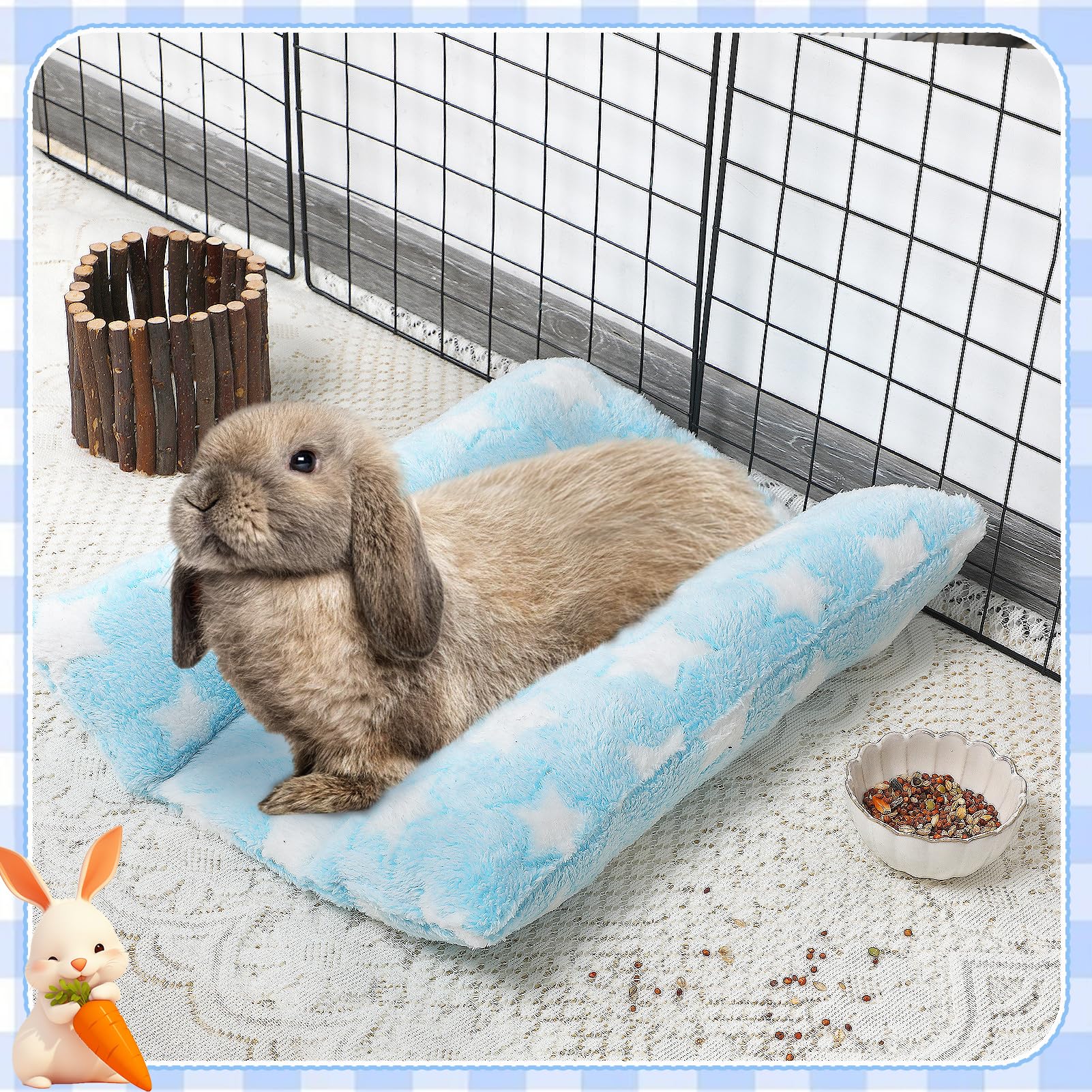 MEWTOGO Bunny Bed - Plush Flop Mat 15.7"x14", Soft Flannelette, Light Blue-Star, Includes Cotton Lounger Pillows, Model MEWTOGO-L-Star