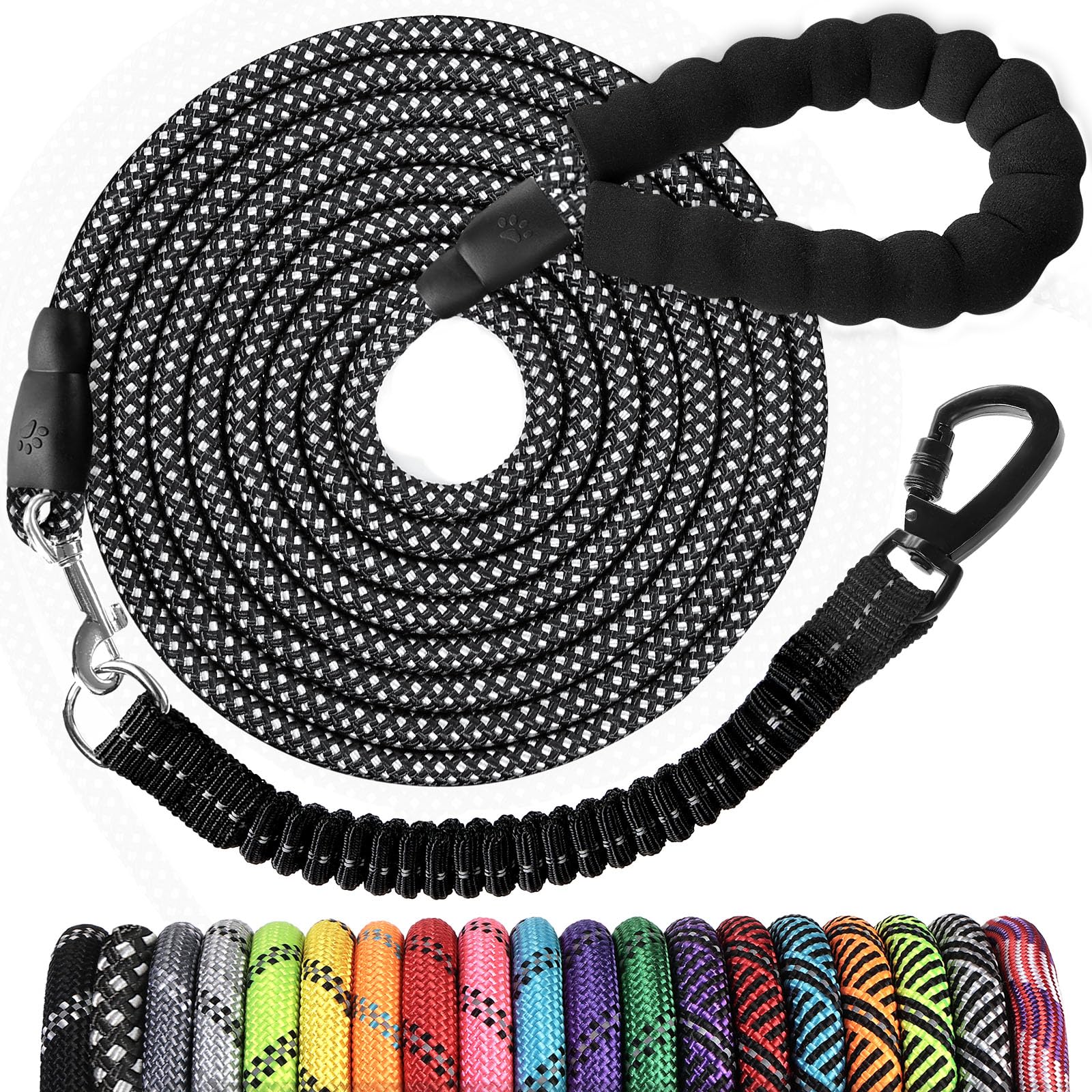 Jenico Long Dog Leash 30Ft: Heavy Duty Rope Leashes For Dogs Training With Swivel Lockable Hook Reflective Threads Bungee And Padded Handle - Dog Lead For Large Small Medium Dogs Outside