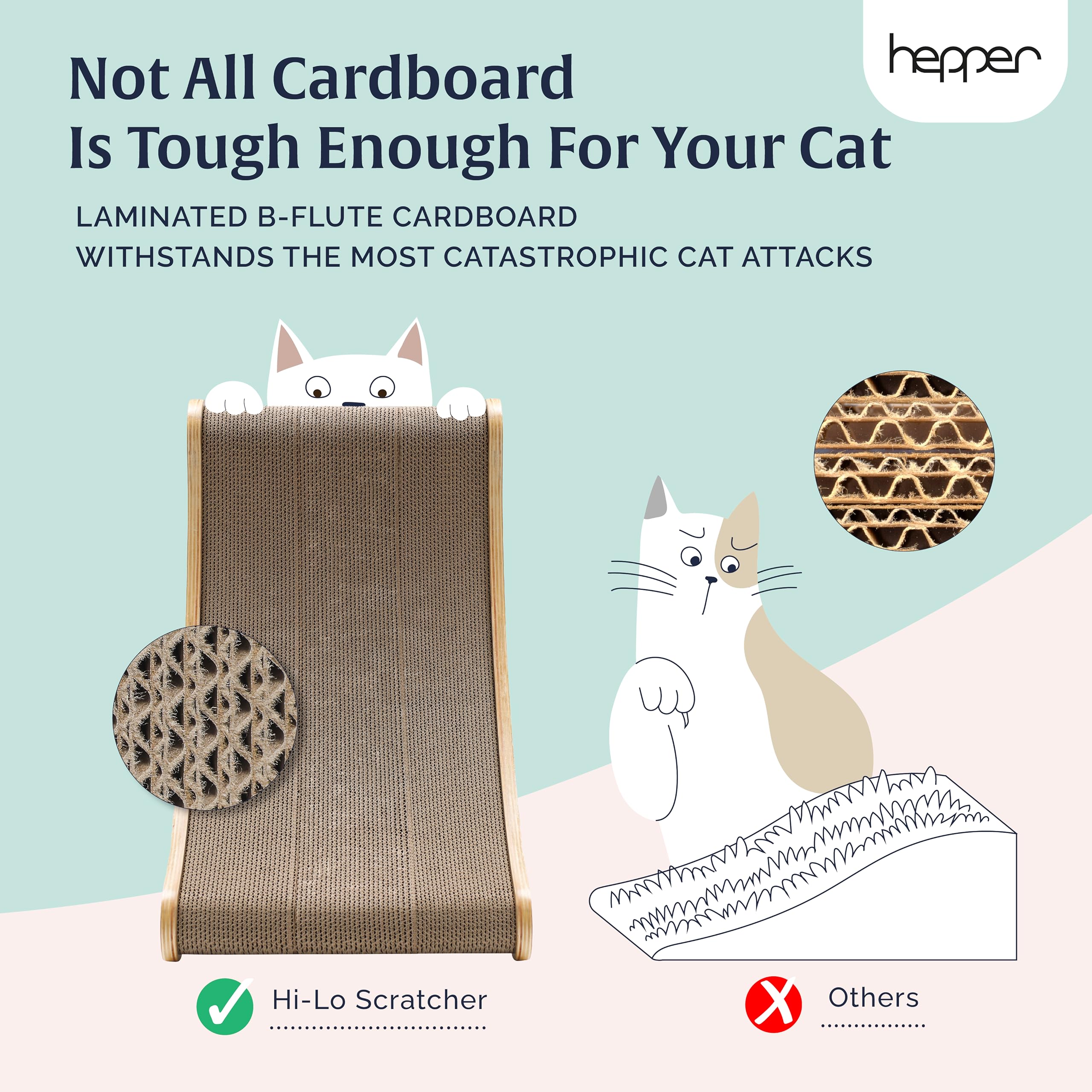 Hepper Hi-Lo Cardboard Cat Scratcher With Real Wood & Metal Frame - 3-Position Cat Scratchers For Indoor Cats - Curved Cat Scrat