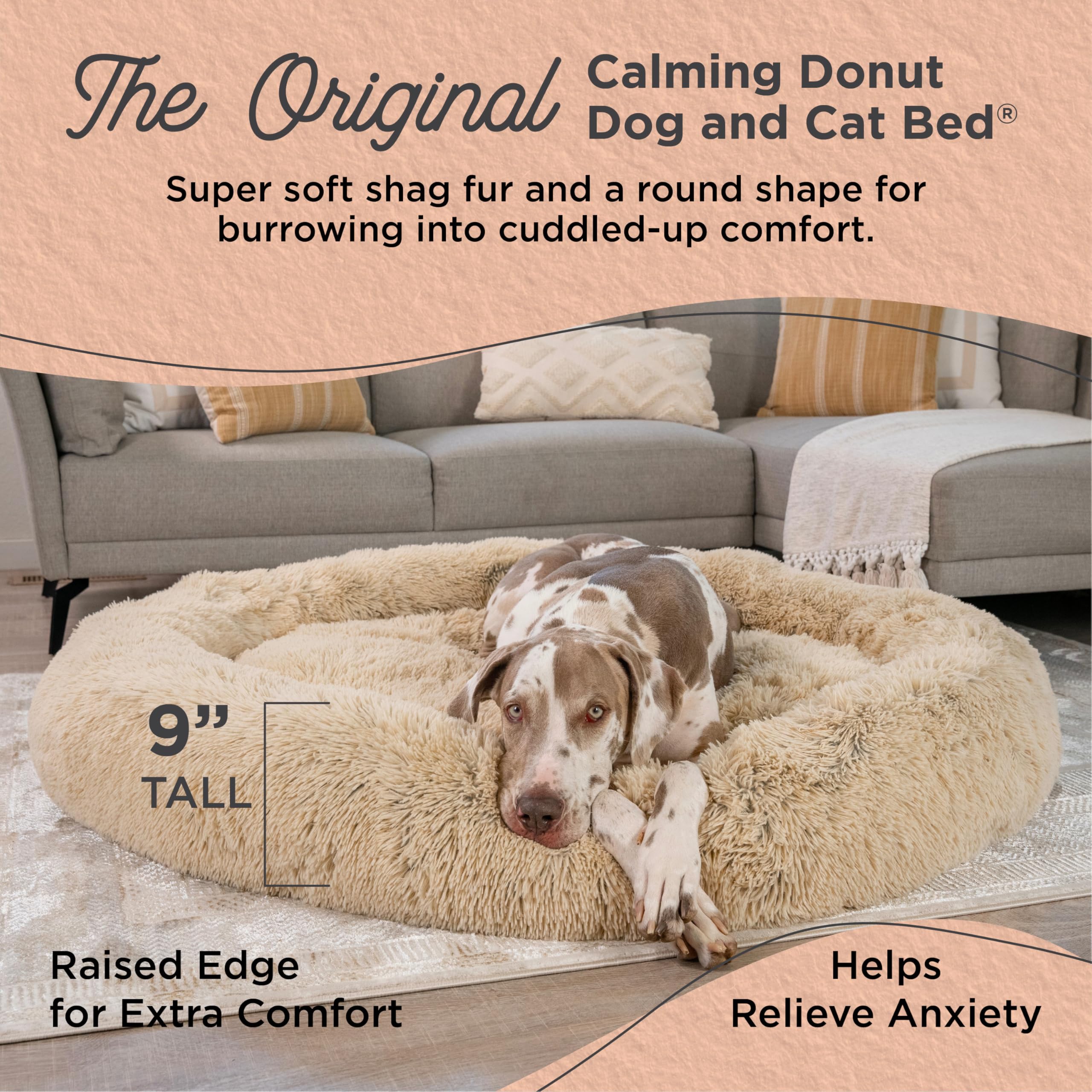 Best Friends By Sheri The Original Calming Donut Shag 2Xl Dog Bed For Big Dogs, Taupe, 54' X 54'