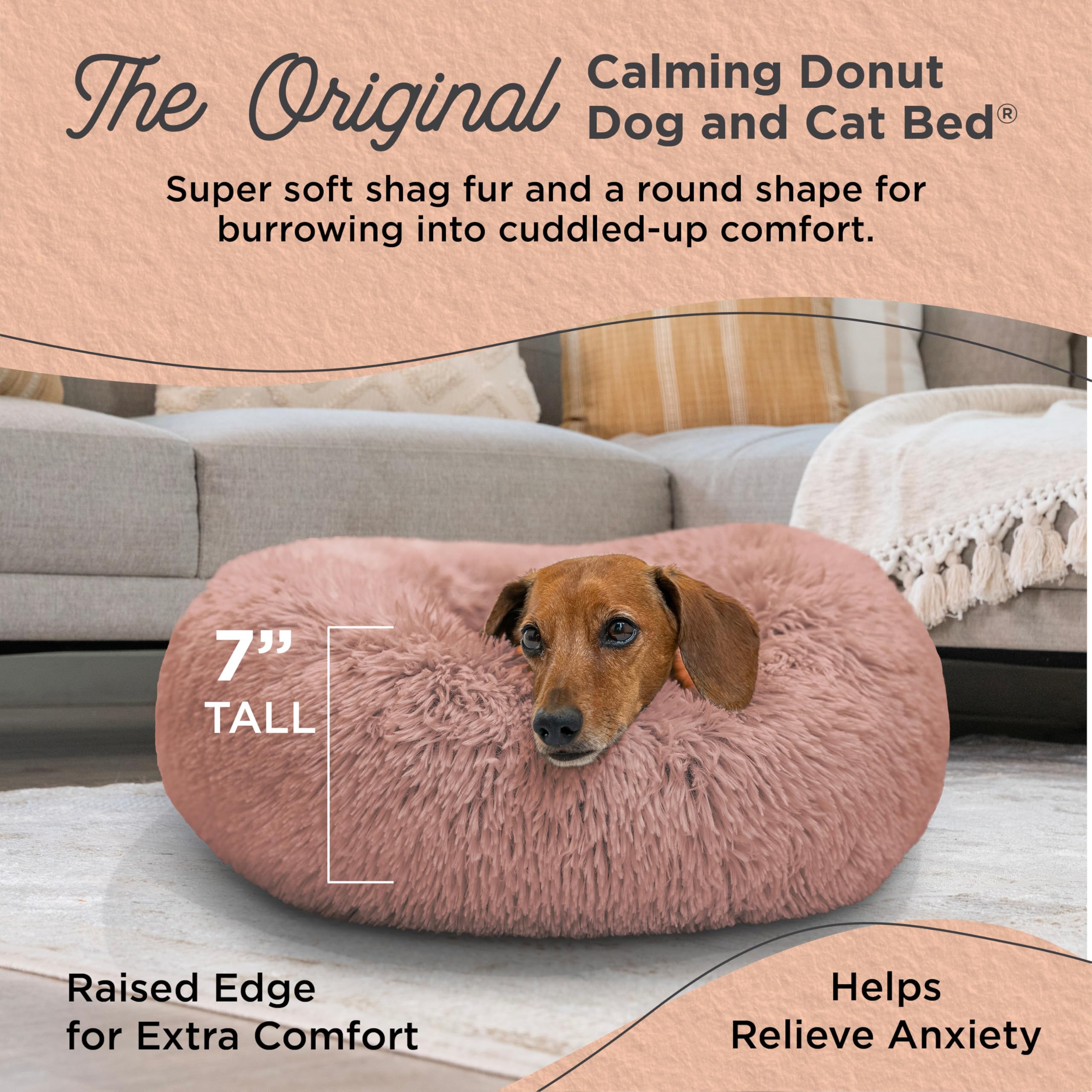 Best Friends by Sheri Calming Donut Dog & Cat Bed, Small 23", Long Shag Fur, Shag Dusty Rose, Model 70593
