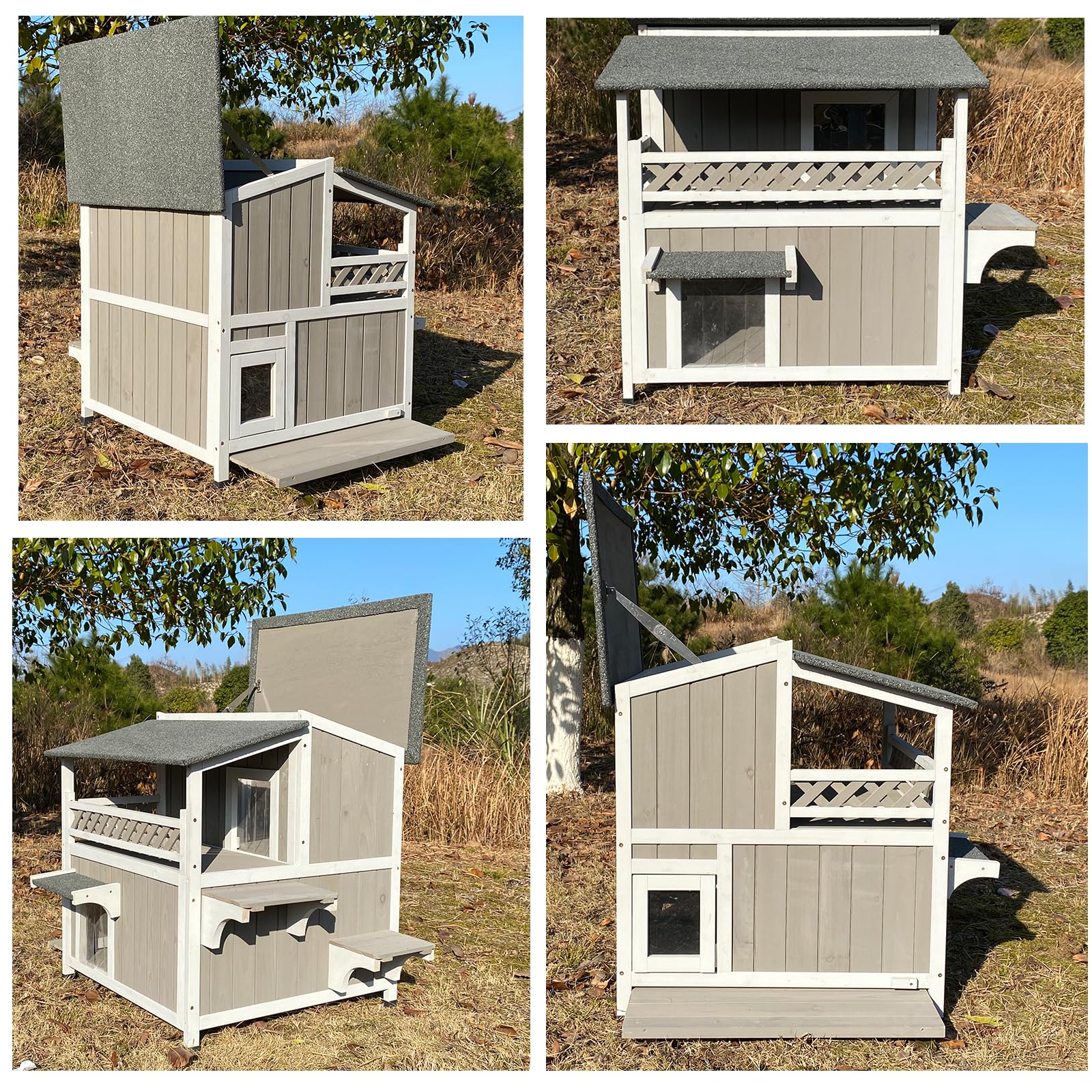 Gowoodhut Feral Cat Shelter - Two Story Wooden Outdoor House, Weatherproof, Greywhite, Model GW-PET14-Greywhite