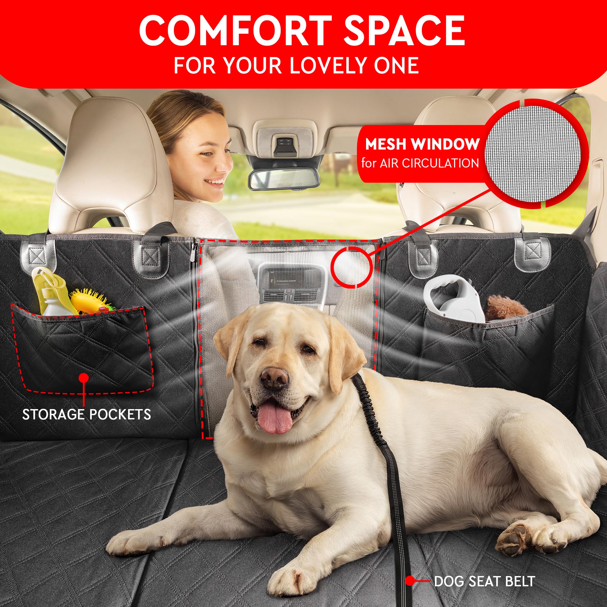 Helteko Back Seat Extender For Dogs, Premium Car Seat Cover With Hard Bottom Plates, Waterproof Backseat Protector, Mesh Window
