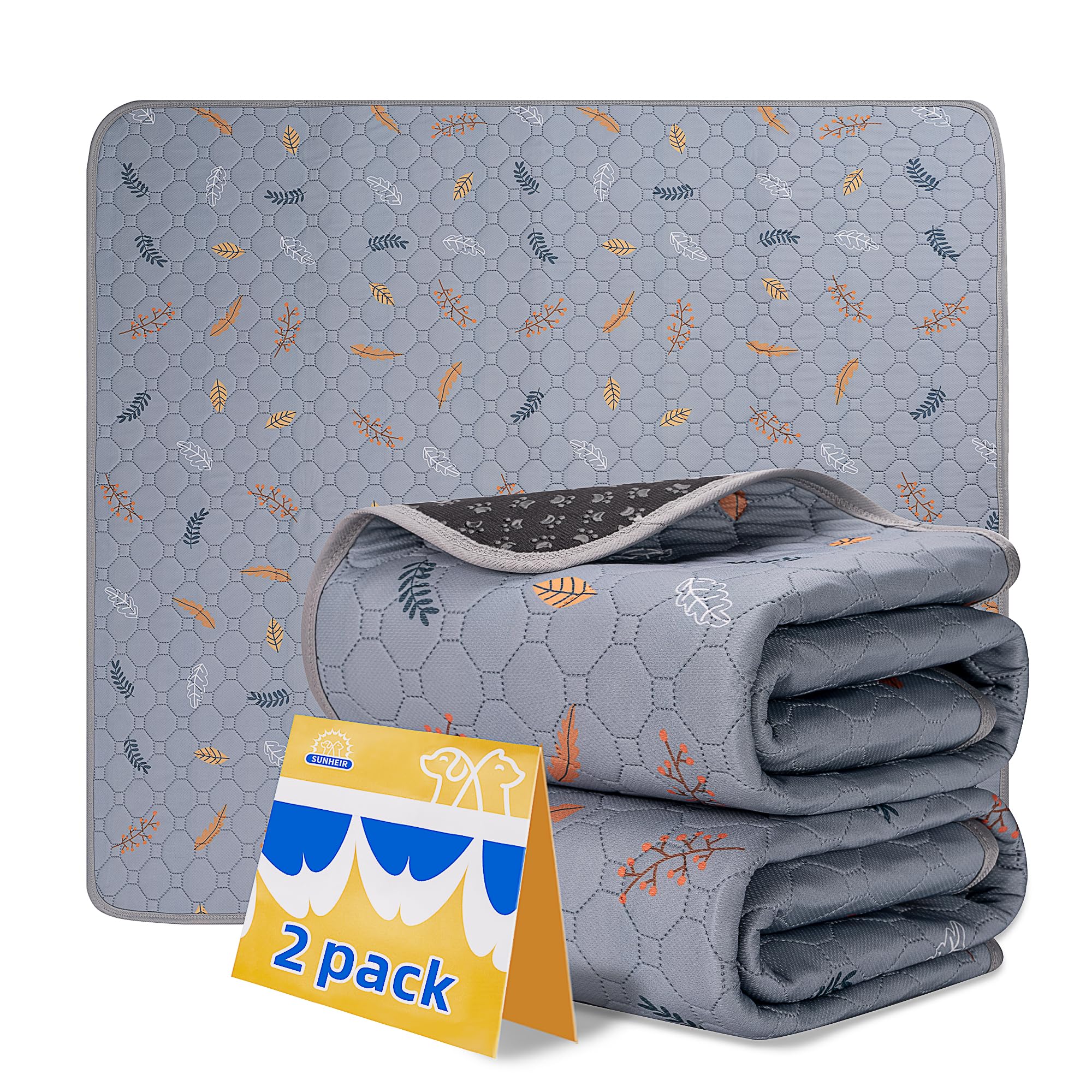 Sunheir Washable Pee Pads For Dogs Extra Large 36' X 48' 2-Pack Reusable Puppy Pads Pet Training Pads, Whelping Pad, Non-Slip Protects Against Urine Leakage (Leaves - Light Grey, 36X48)