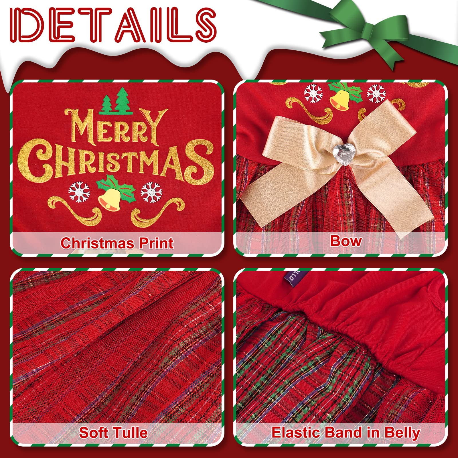 Cyeollo Plaid Christmas Holiday Theme Dress With Bowtie - Girl Dog Clothes, Doggie Outfits, Festival Dresses For Small Dogs