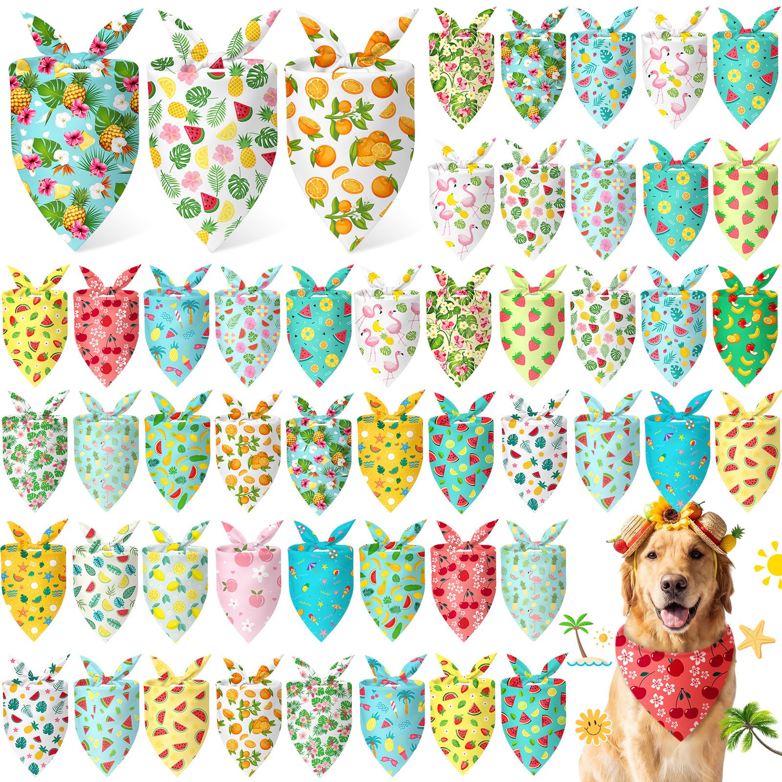 Abbylike 50 Pieces Summer Themed Dog Bandanas Bulk Hawaiian Dog Bandanas for Pets Triangle Kerchief Scarf Bibs Set for Summer Pe