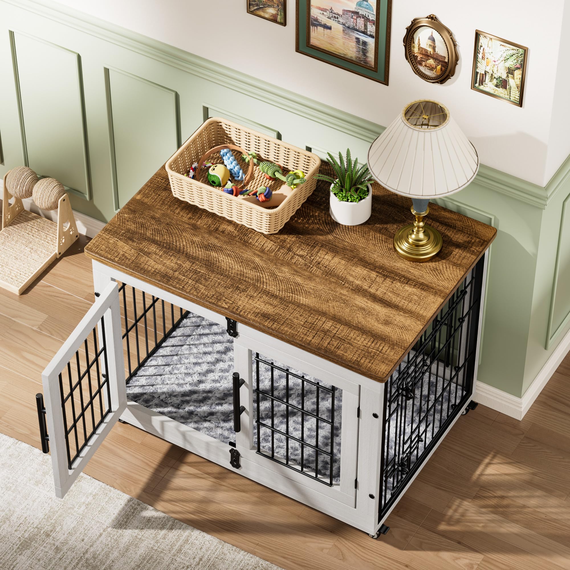 Lulive Dog Crate Furniture for Medium Dogs, 32" Wooden Kennel with Cushion & Wheels, White, Model PT007402
