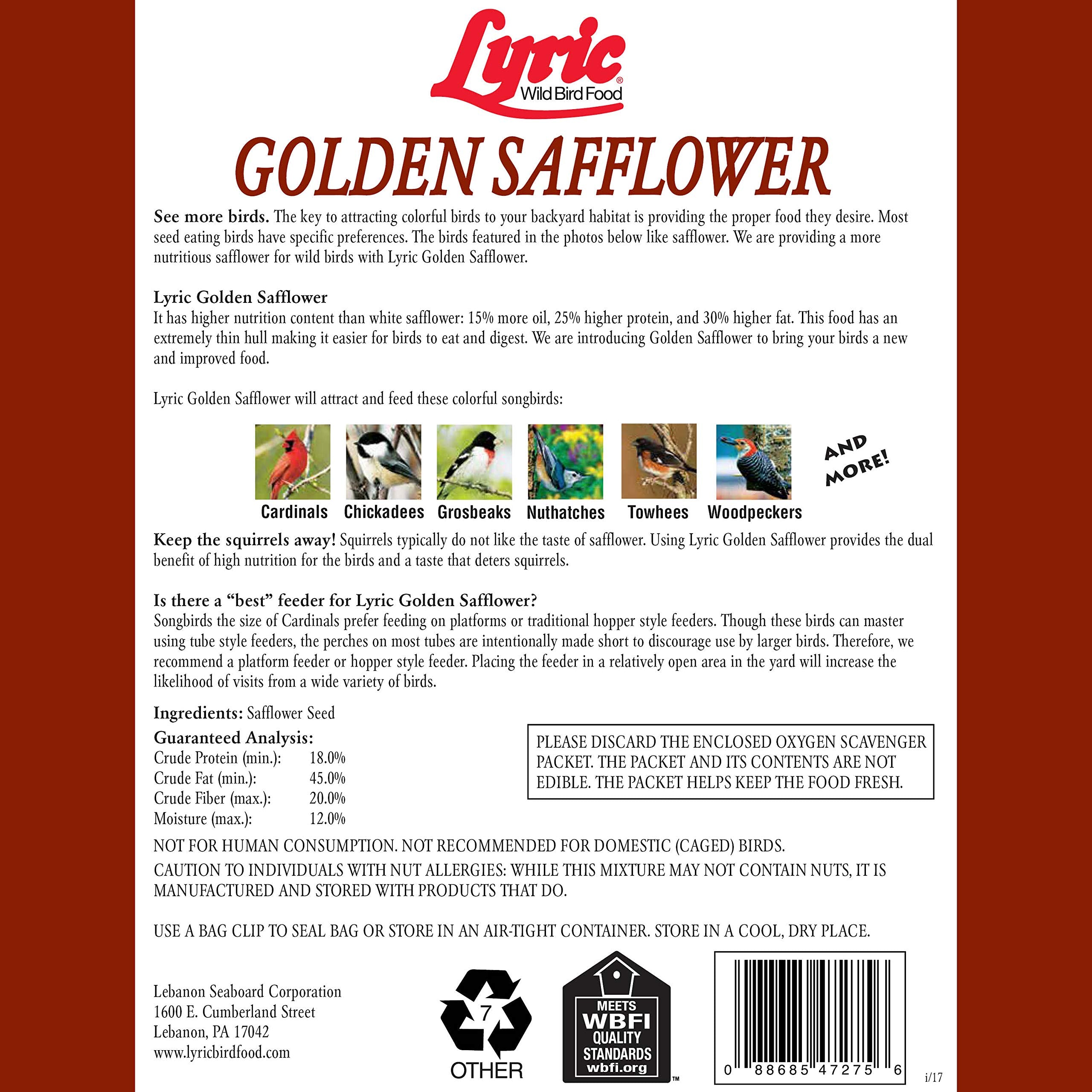 Lyric Golden Safflower Seed - Attracts Cardinals, Chickadees, Woodpeckers & More - 12 lb Bag