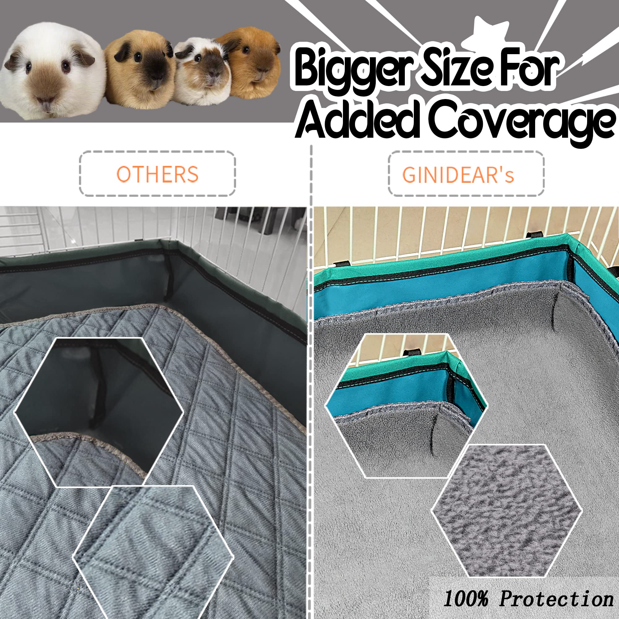 GINIDEAR Guinea Pig Cage Liner, 6 Pack - Washable, Reusable, Leakproof Fleece Bedding Pads for Small Animals with Anti-Slip Bott